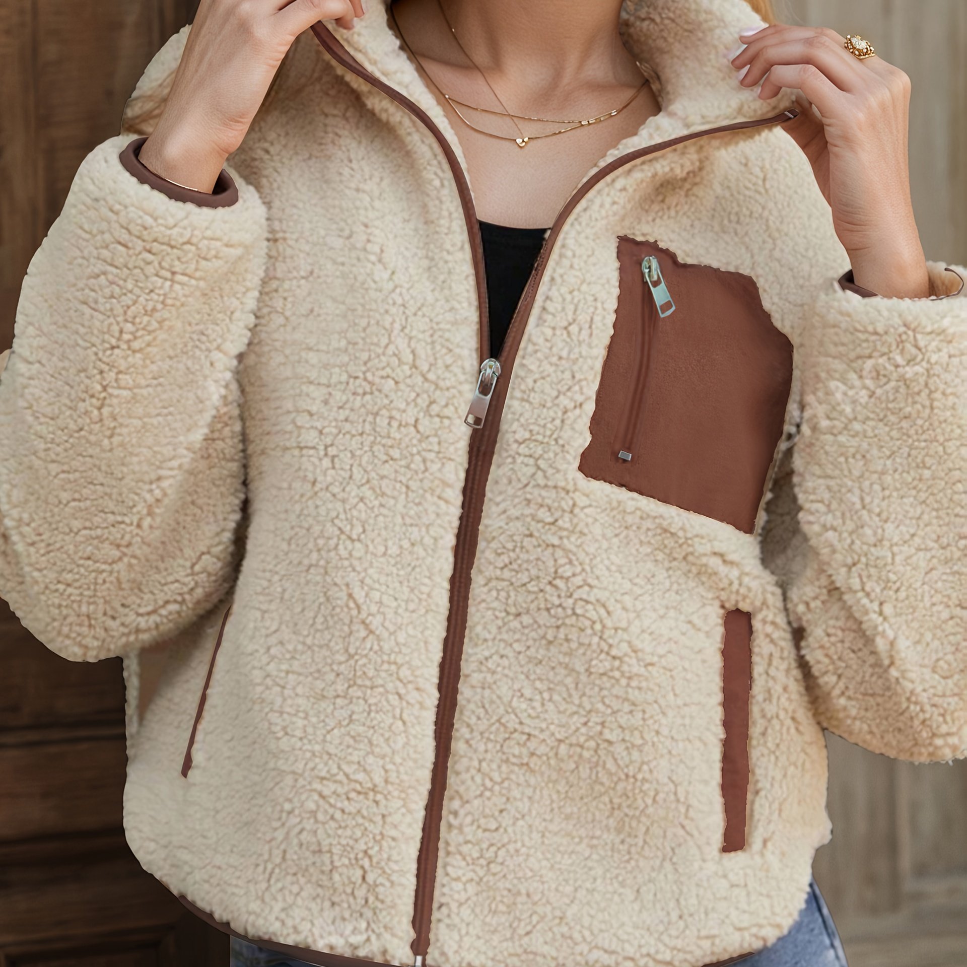 TEMU Cardigan casual in peluche con cerniera, bordo a con applicazione