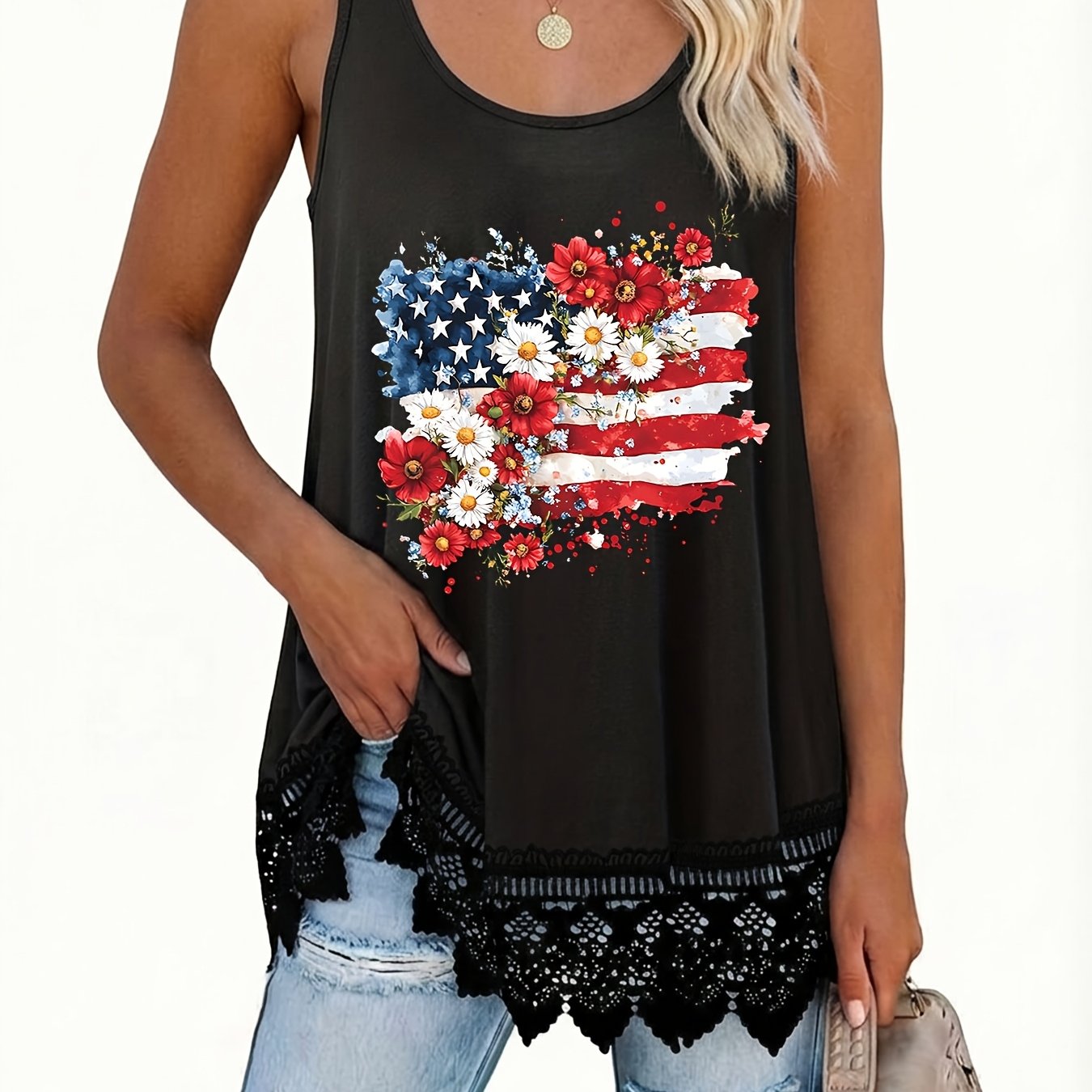 TEMU Plus Size - Plus Size - Plus Size Lace Trim Women's Round Neck Tank Top, And Flattering, Top