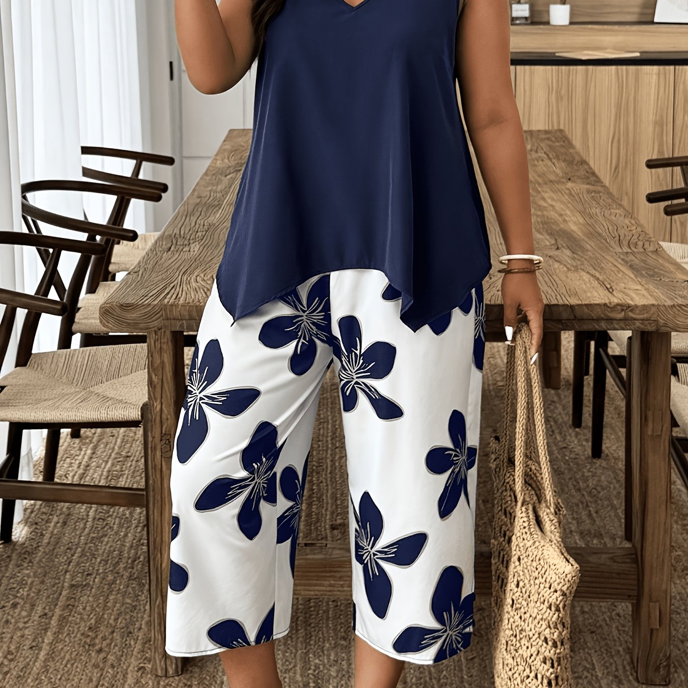 TEMU Western Style Women's Elegant Two-piece Set, Design-driven V-neck Solid Top And Blue Floral Print Wide-leg Pants, Loose Fit Tummy-control Casual