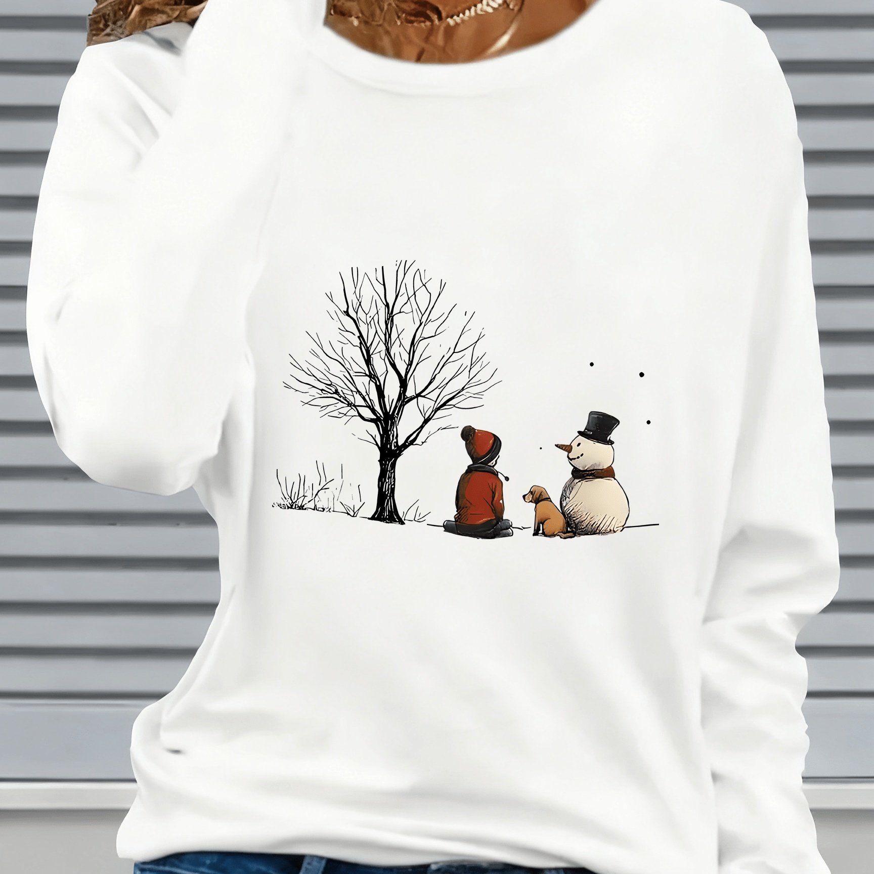 TEMU Women's Long-sleeve T-shirt Featuring A Snowman And Dog Print - A Cozy, Round-neck Casual Top For Winter, Machine Washable, Suitable For Regular