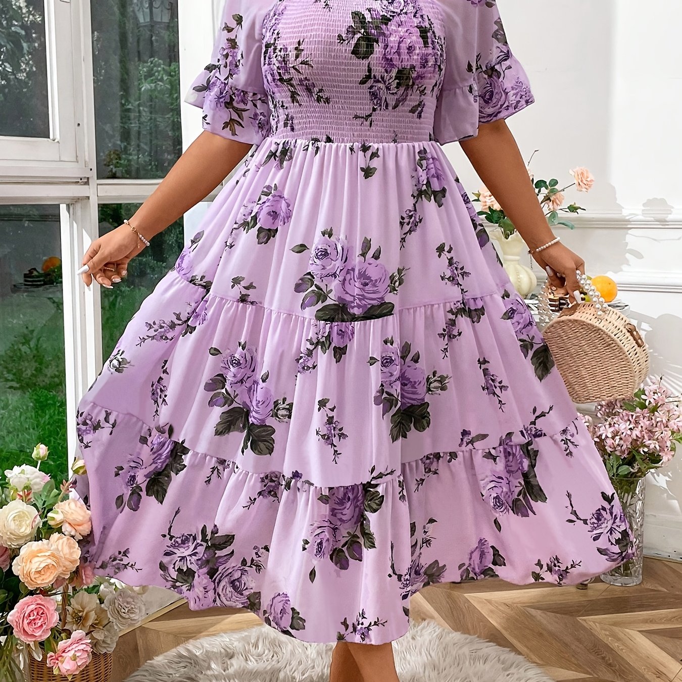 Plus Size - Plus Size - Casual Printed Smocked Fashion Dress