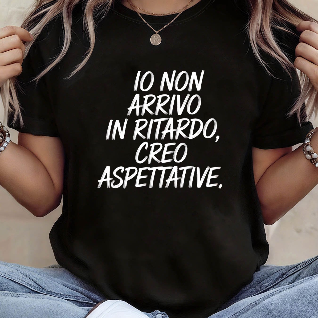 TEMU T-shirt da donna con stampa "Italian Late I'M Expectations" (Non in ritardo, sto aspettative), top casual a maniche corte con per estate e ,
