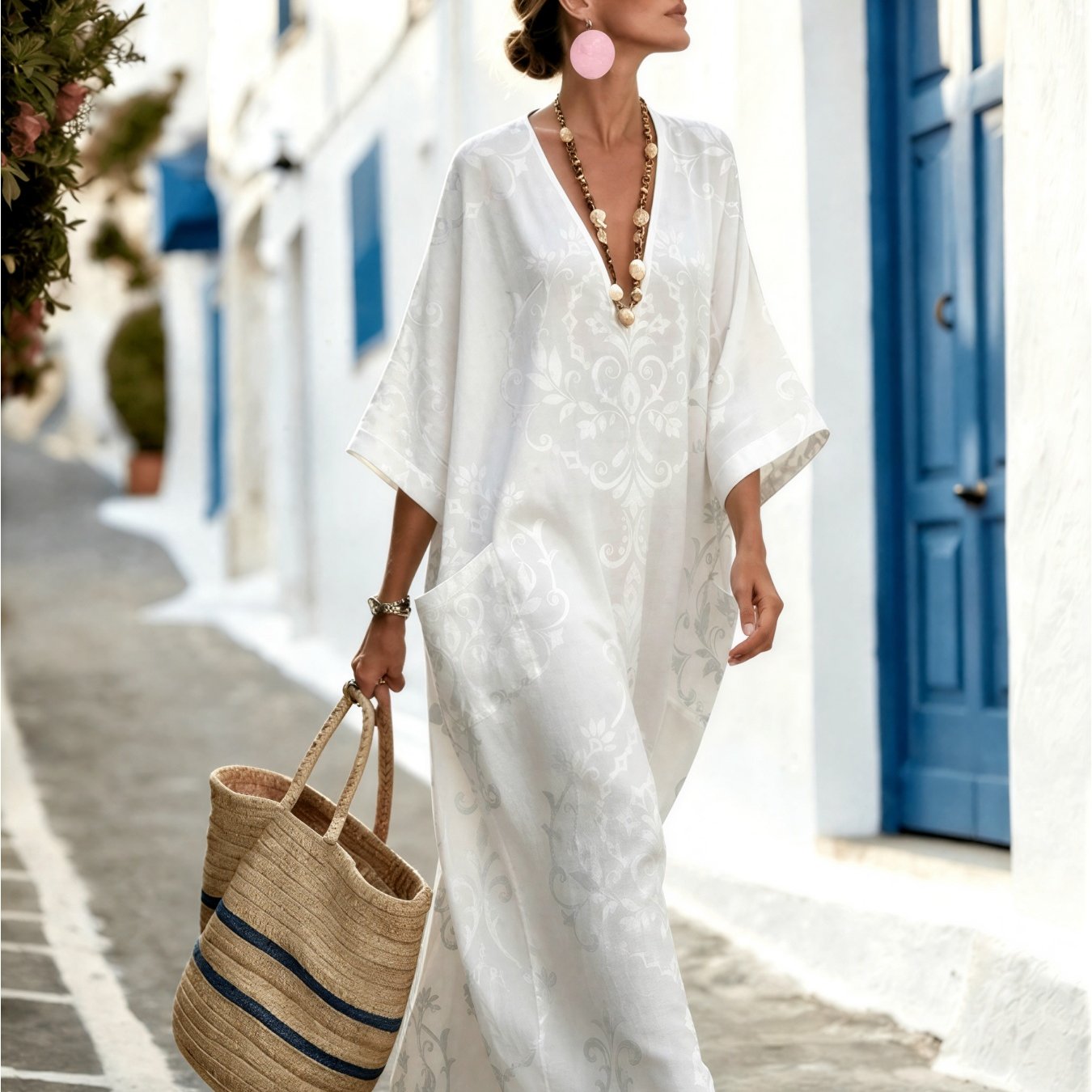 Image of Women's Summer V-neck Dress White Floral Print Printed Pattern Vacation Kaftan Elegant Loose And Comfortable 2 Pockets Machine Washable Suitable For Daily Wear Party Occasions Perfect Gift Option
