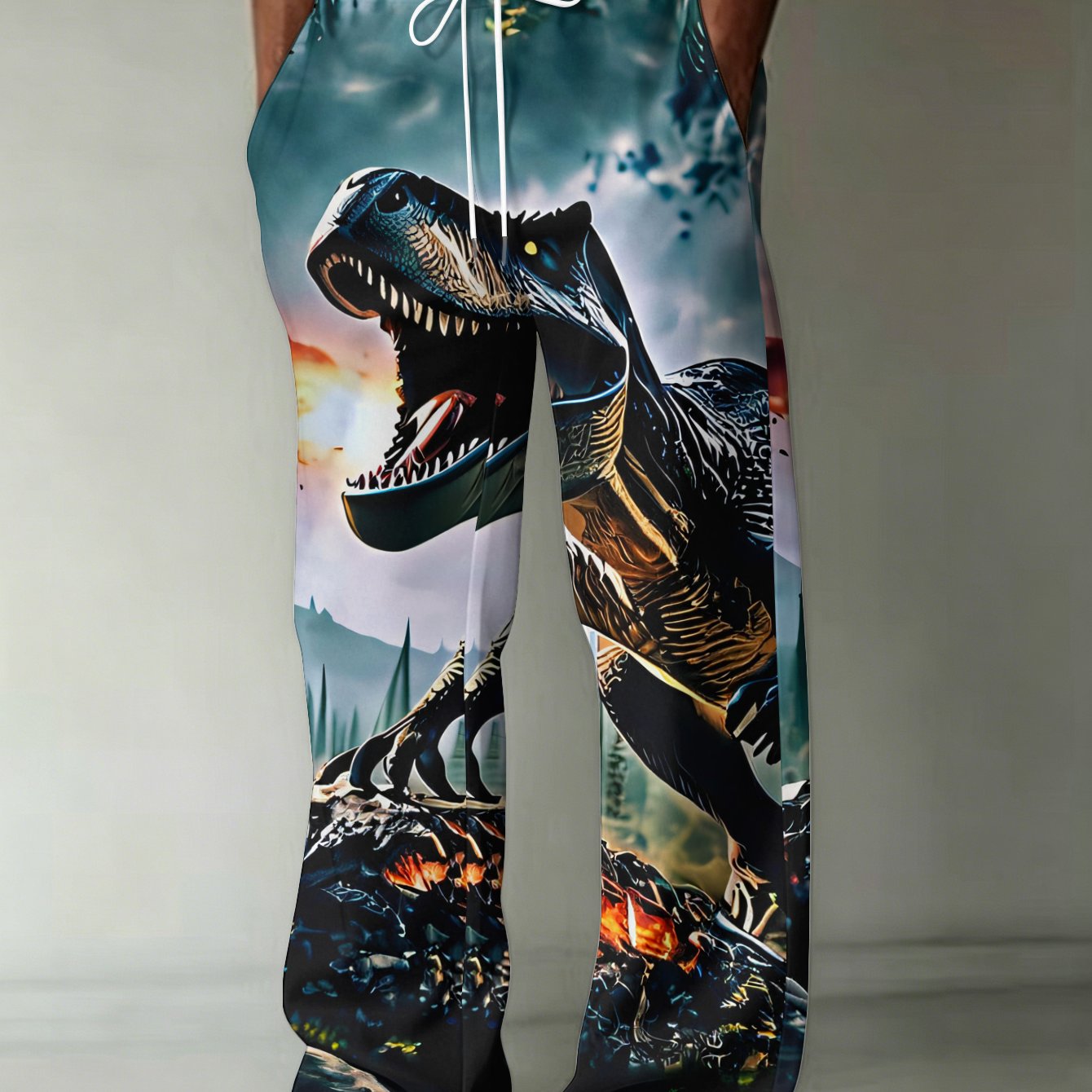 TEMU Fashion Print Men's Long Pants, Prehistoric Rex Standing On , Pattern Amidst Mountains And Clouds, With Pockets And Drawstring Straight Leg,