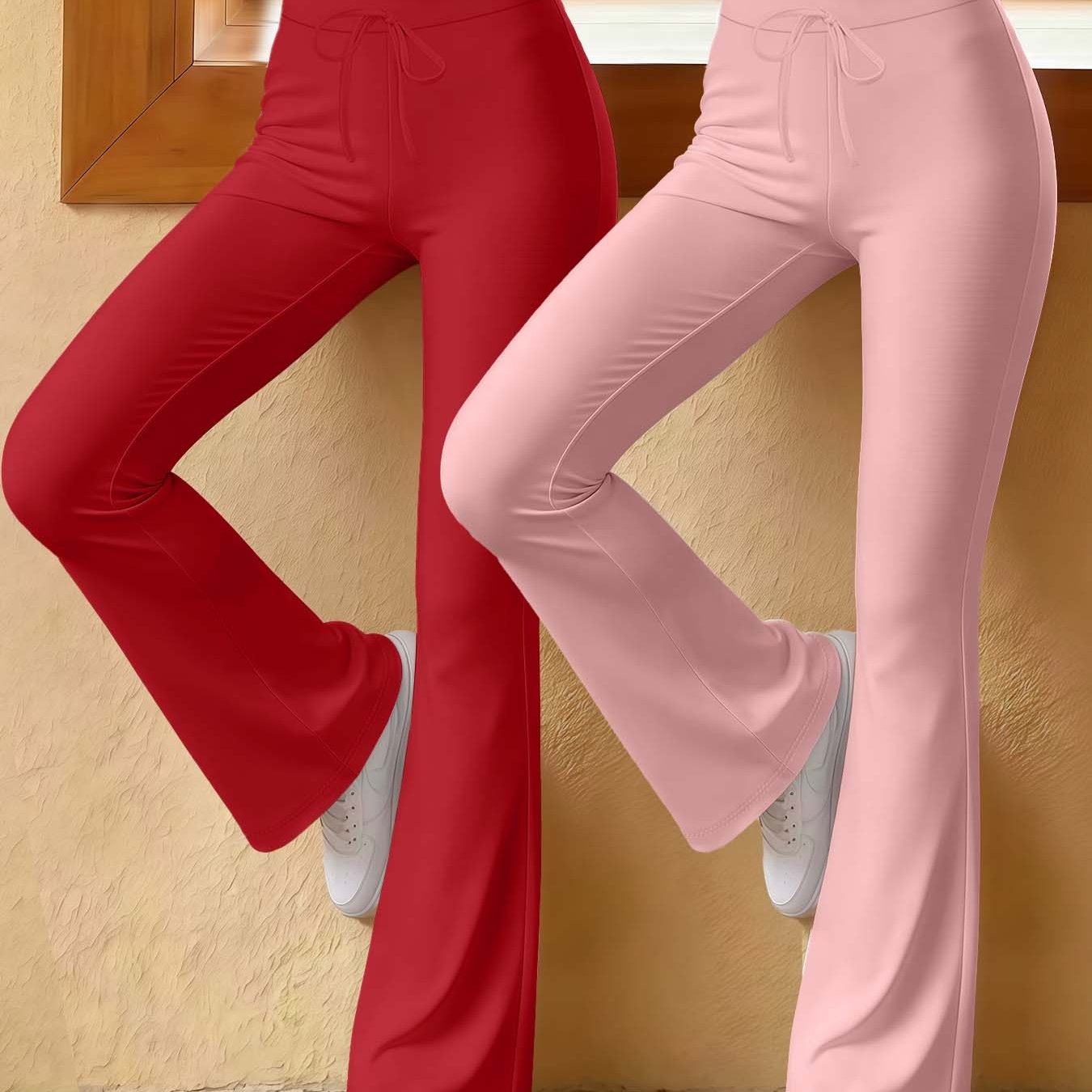 TEMU Women's Slightly Flared Casual Pants 2-pack, Two-color Basic Solid Color Versatile Drawstring Waist, Fits The Body And Looks Slim