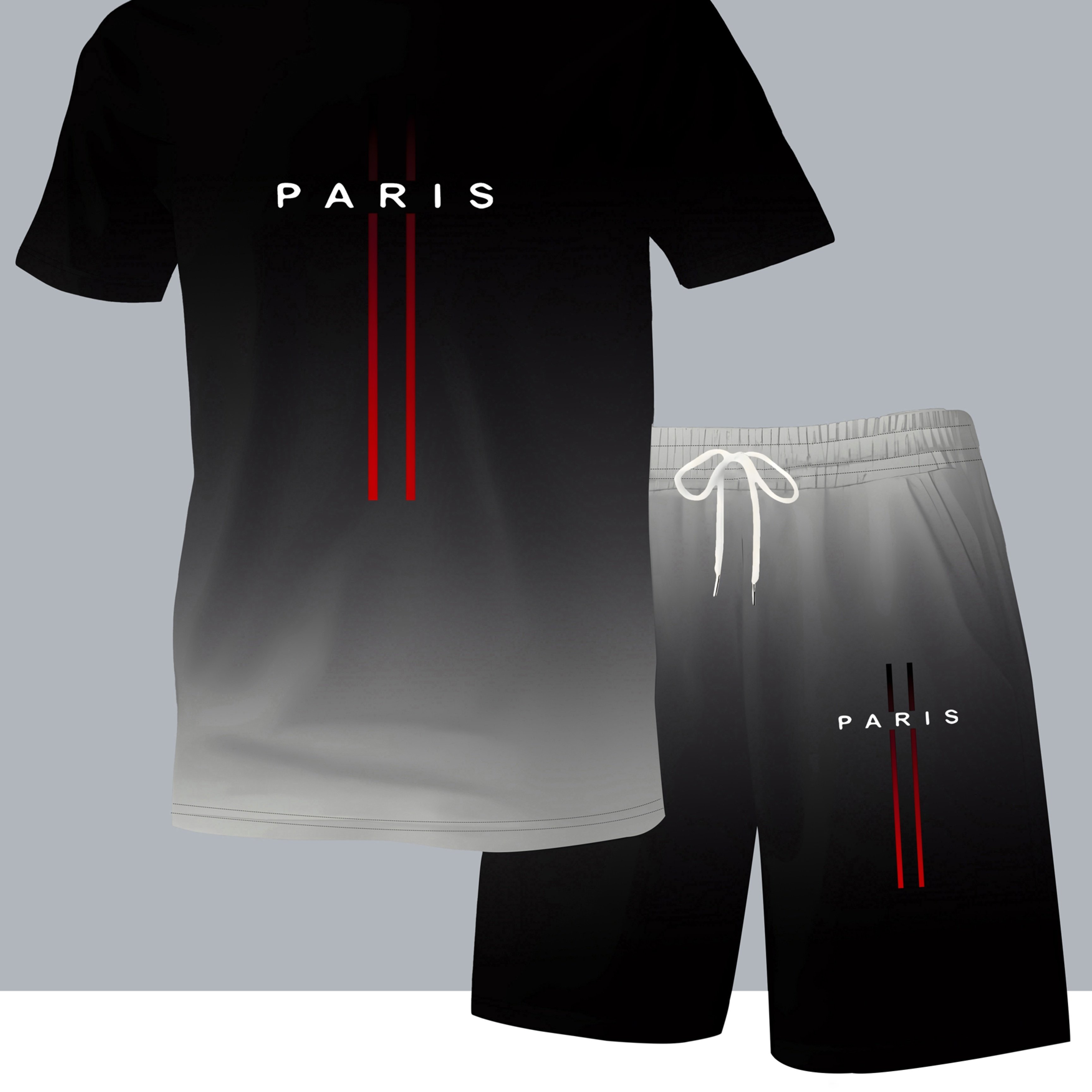 TEMU Men's Casual T-shirt And Shorts Set, Printed With "paris" Letters, Regular Style, Round Neck, Slightly Elastic Fabric, Very Suitable For Casual