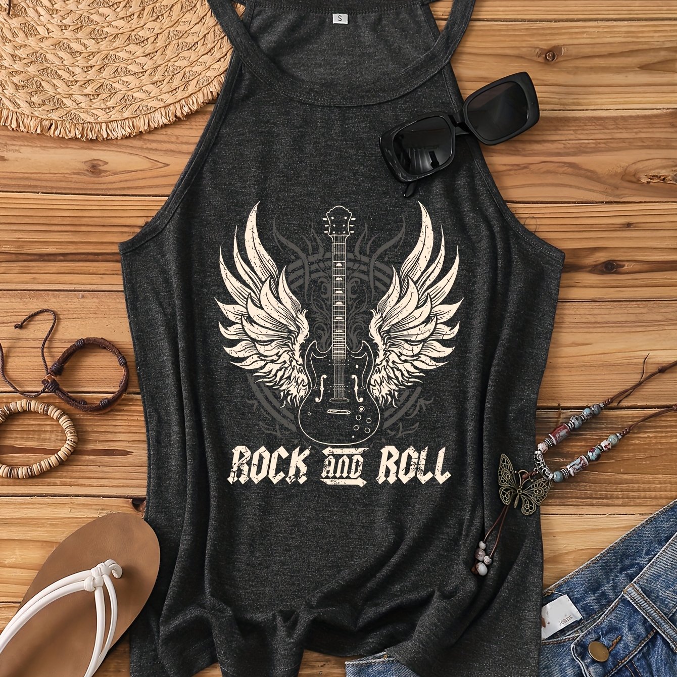 E-shop Damen Rock-and-Roll-ärmelloses Top mit Rock-Schriftzug & Gitarrenflügel-Aufdruck – Strandmode, lässige Rundhalsbluse für Konzerte, Festivals,