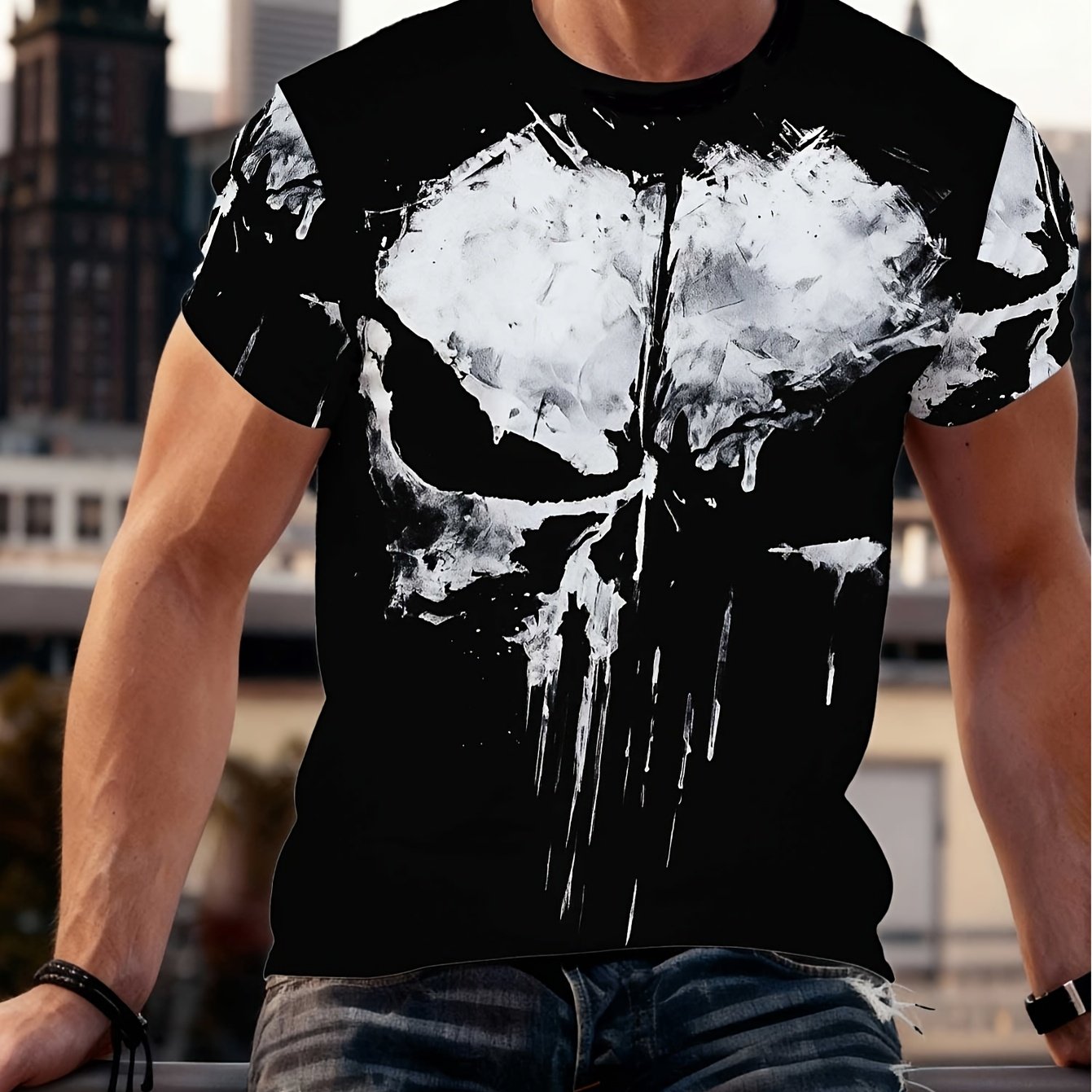 TEMU Men's Skull T-shirt - Iconic Print, 100% Lightweight Elastic Fabric, Regular Fit Round Neck, Machine Washable Suitable For All- Casual Wear &