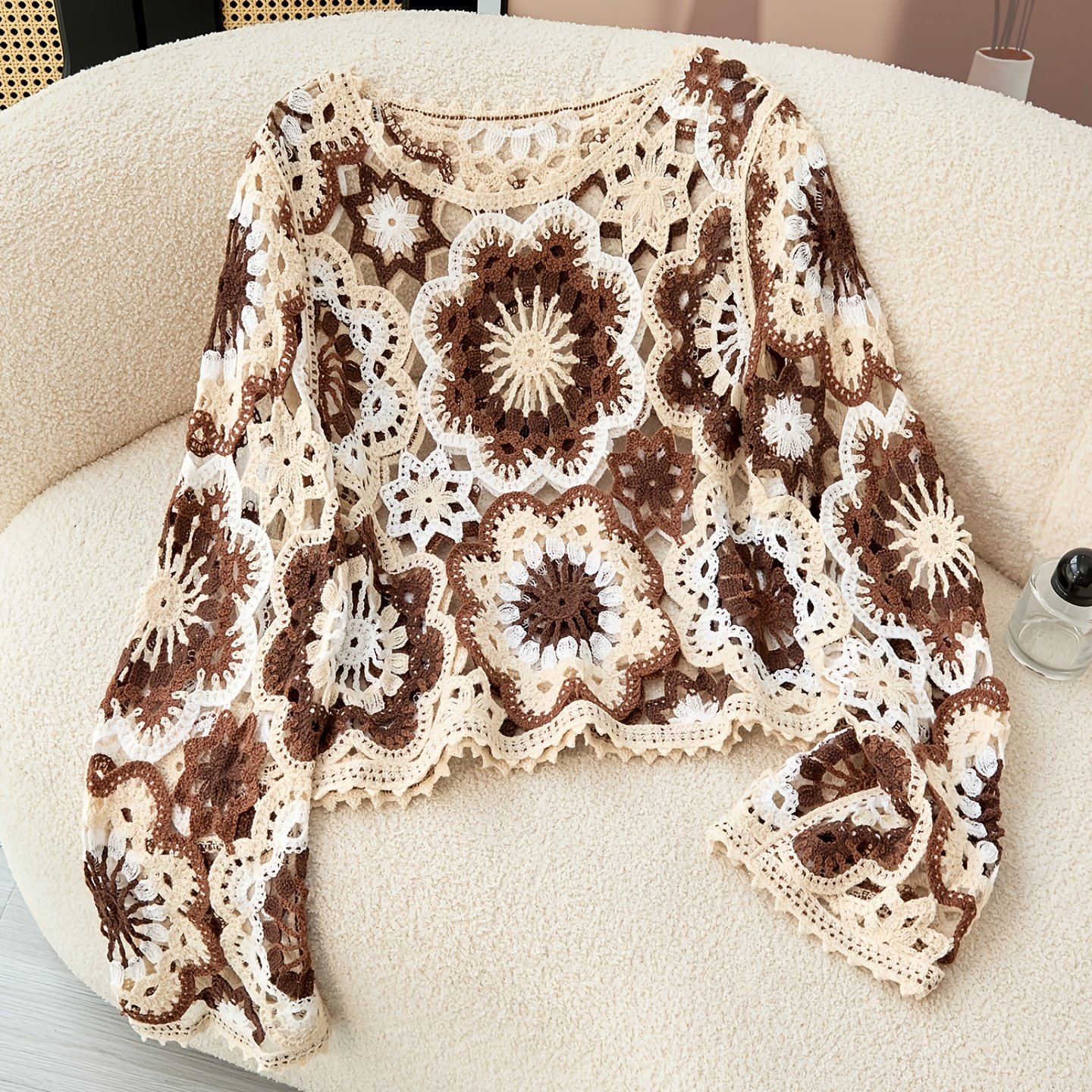 TEMU Bohemian Women's Spring And Autumn Fashion Hollow Round Neck Pullover Long Sleeve Top