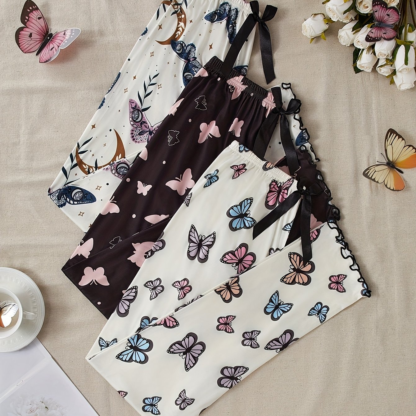 3pcs Elegant Sleep Pants For Women - Casual With Bow & Ruffle Details, Long Length
