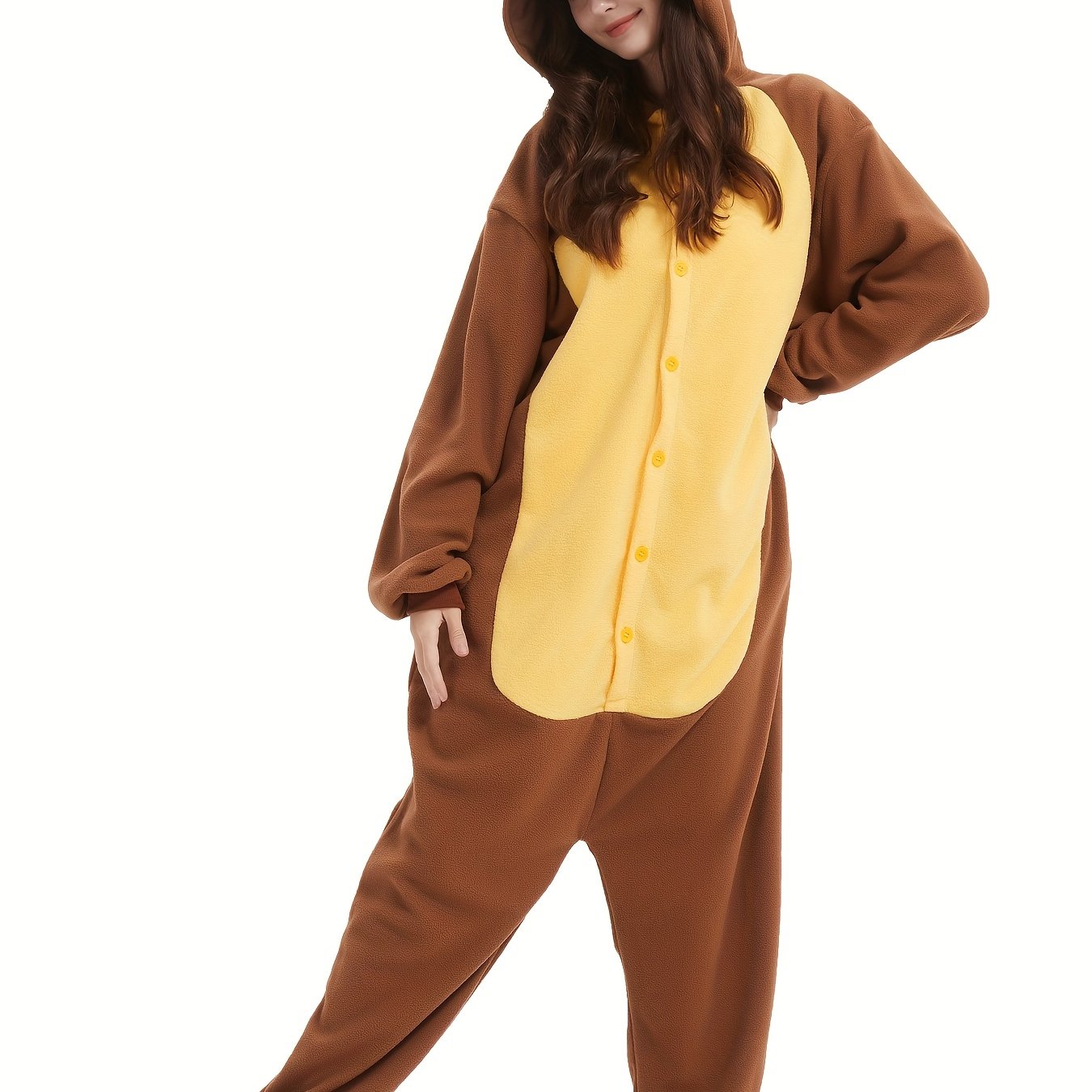 Image of A Cozy Adult Unisex Onesie In Of A Coffee-colored Bear, Perfect For Halloween Parties, Cosplay As Anime Characters, Or Lounging At Home