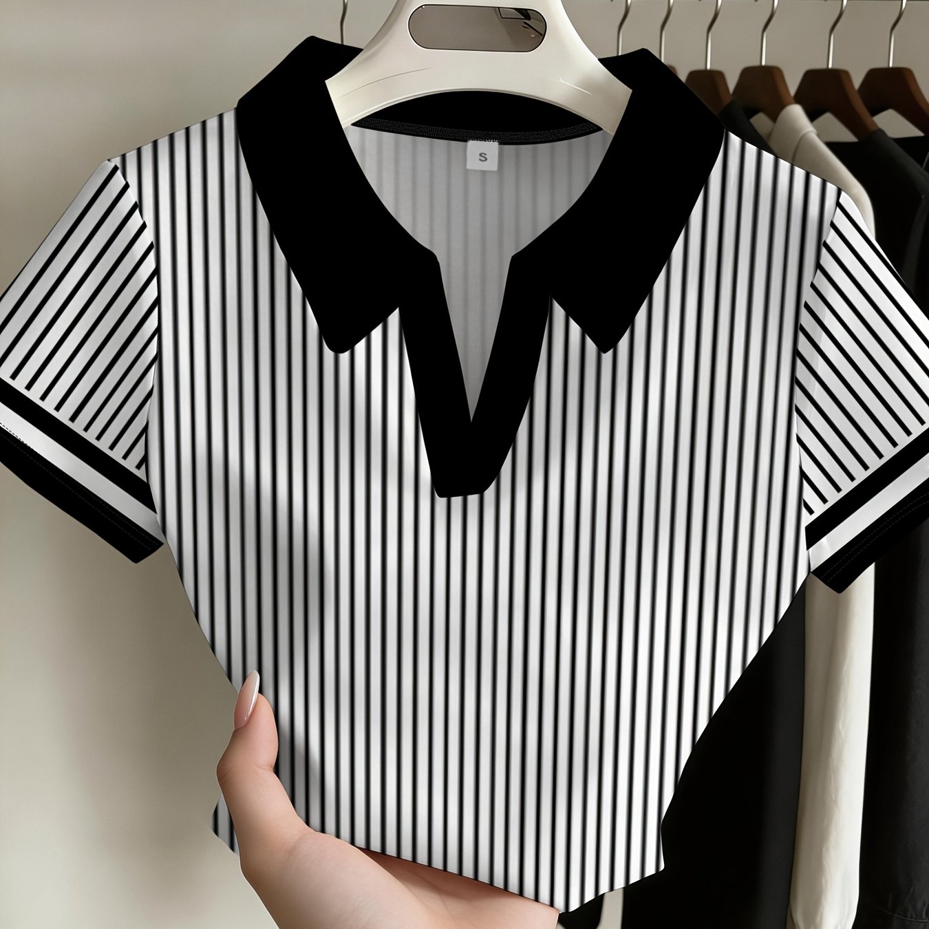 TEMU Black And White Striped Lapel Short-sleeve Top For Women, Summer Simple Versatile Leisure T-shirt