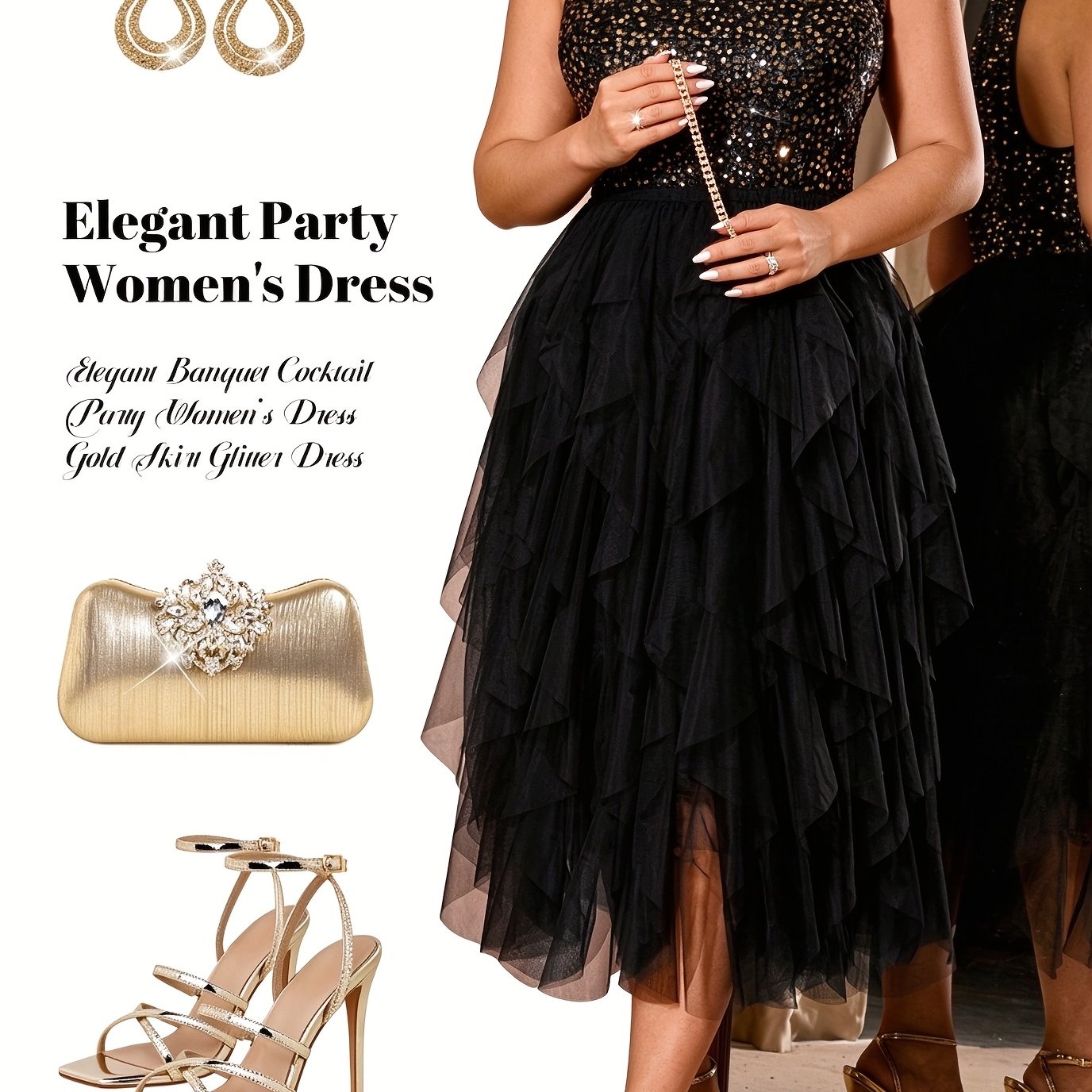 TEMU Plus Size - Chizhaoxue Size Women's Sequin Halter Party Dress, Sexy Layered Mesh Tulle Midi Evening Gown, Elegant Cocktail Prom Dress For Curvy