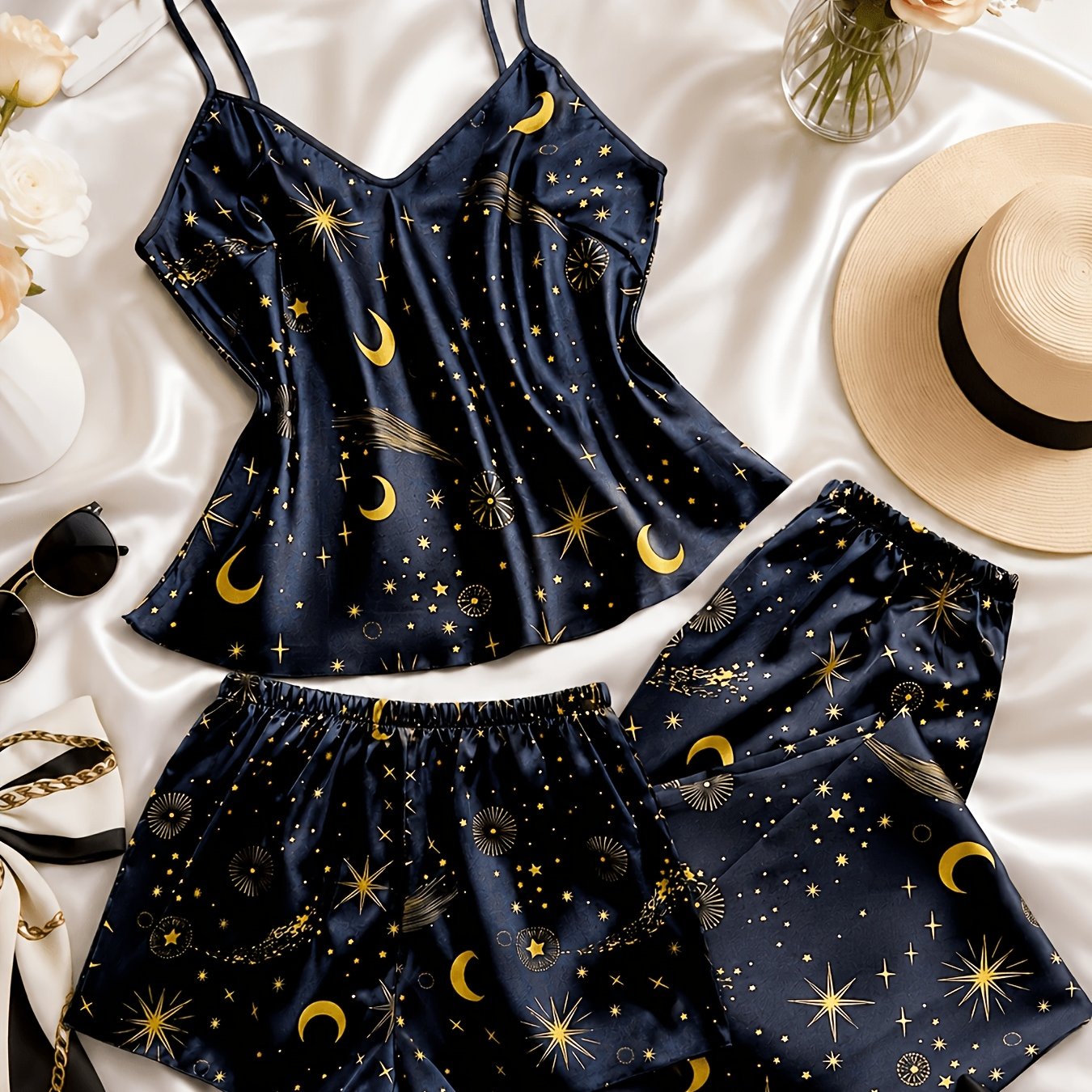 TEMU Pyjama 3 pièces à imprimé et lune avec débardeur à col en V, short et pantalon long décontracté