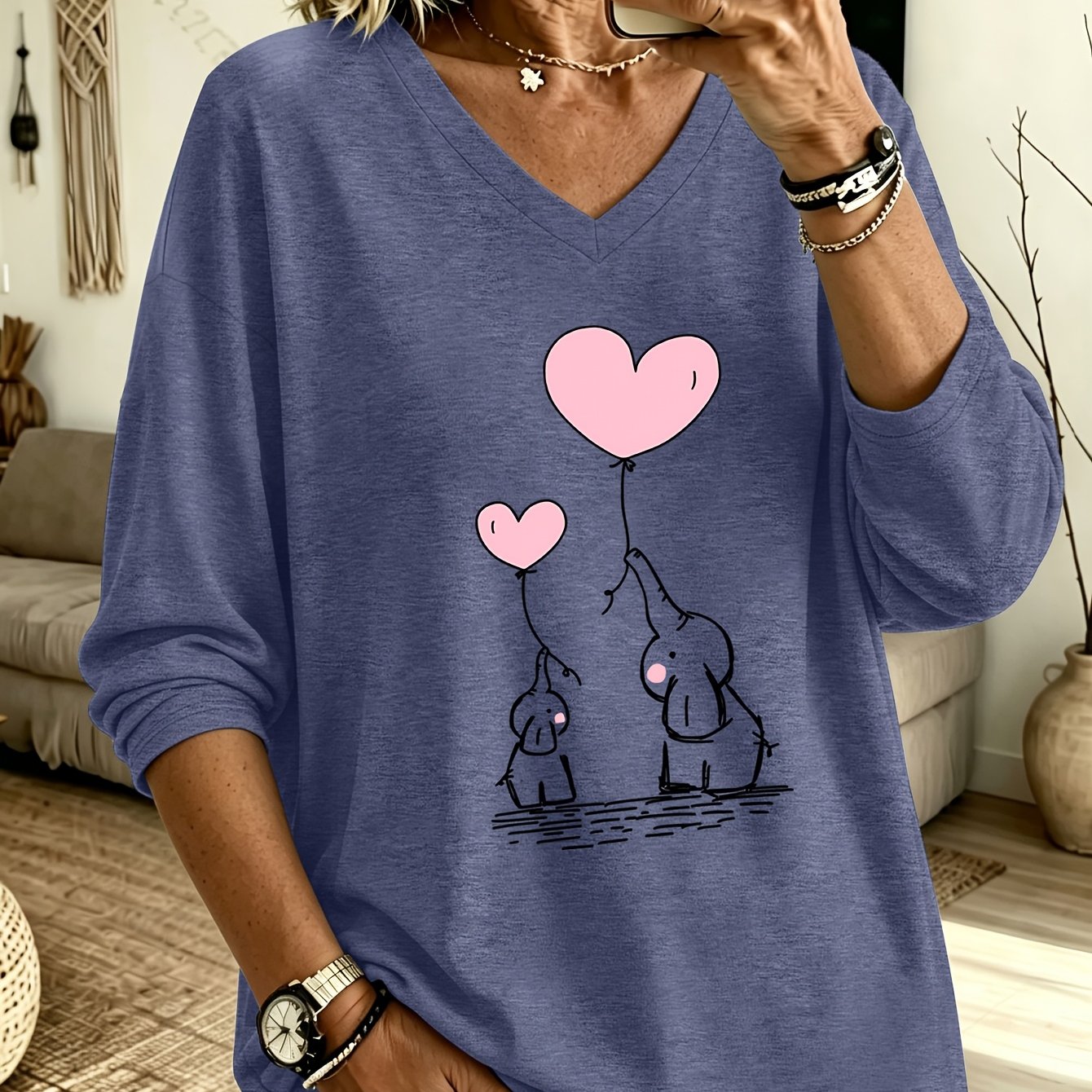 TEMU Plus Size, /summer Plus-size Women's Fashion Elephant Mom And Elephant Long-sleeve V-neck T-shirt, Rayon - Soft, , Machine Washable, Loose ,