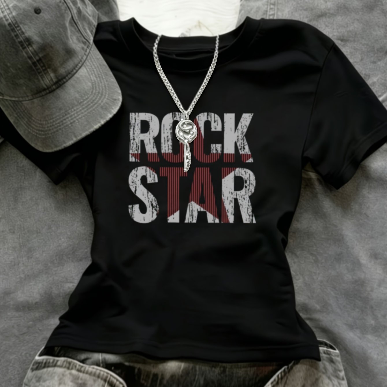 TEMU T-shirt corta da donna Rock Retro Distressed con stampa inglese ROCK STAR, street trendy e cool, stile individuale non collisione, adatta per