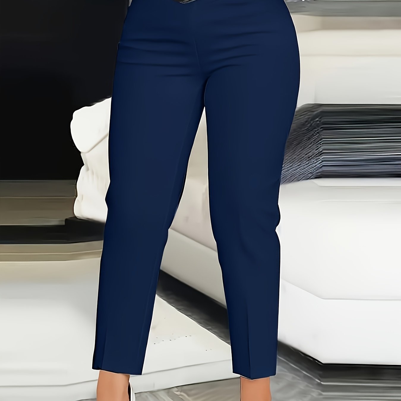 TEMU [popular ] Elegant High-waist Pencil Pants For Women - Sleek Royal Blue, Stretch Polyester, Cut-out Waist Detail, Machine Washable, Versatile Wear