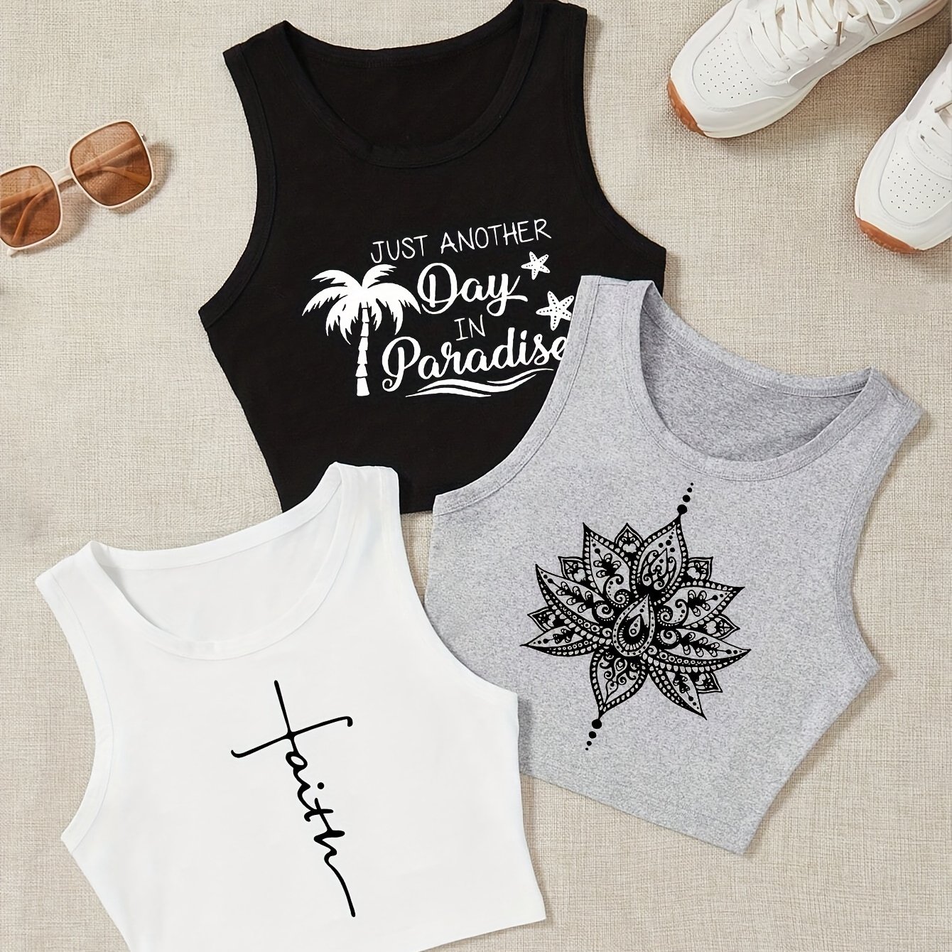 Stylish 3pcs Set Vacation Palm Tree Beach Travel Slogan Print Tank Top For Women