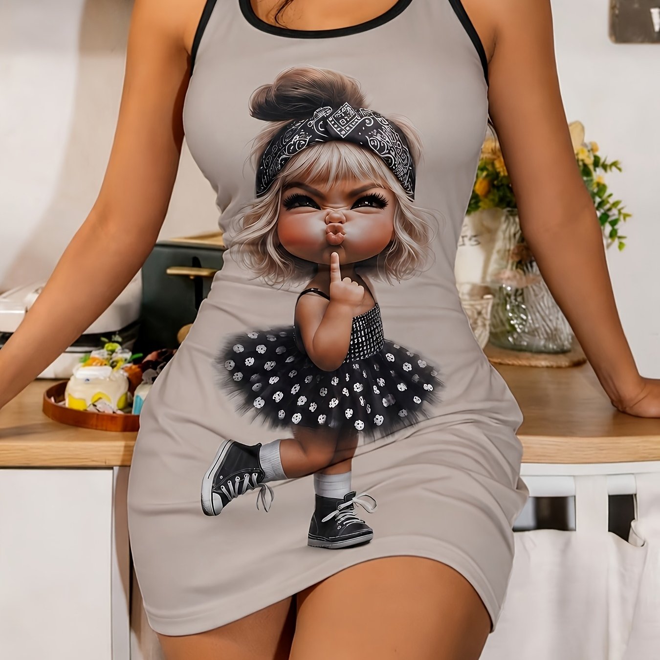 TEMU Vestito da canotta da donna senza maniche con stampa divertente a animati, pigiama aderente a vita , abbigliamento da casa e confortevole