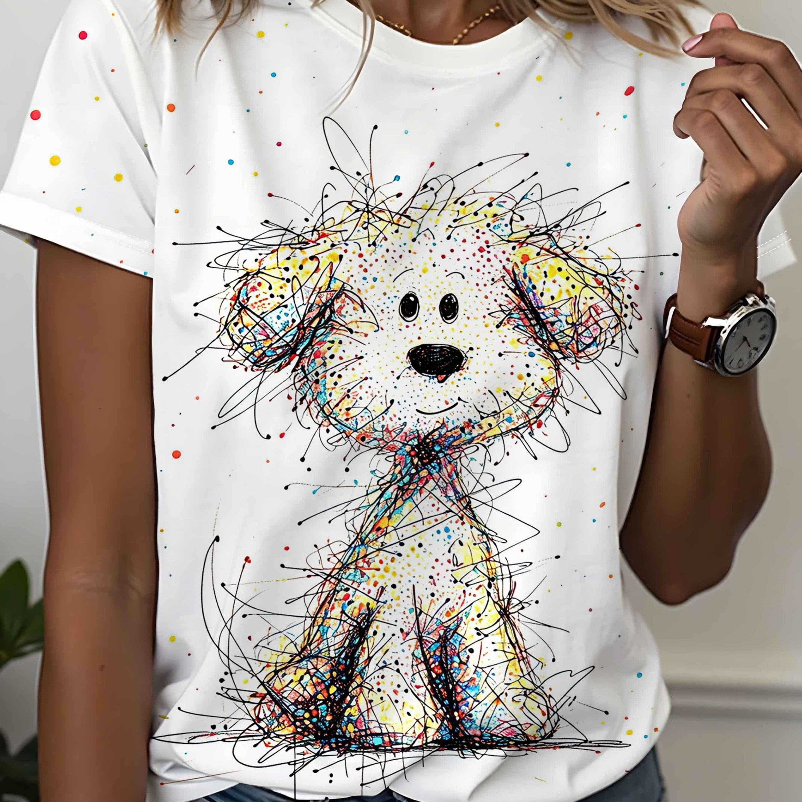 TEMU Women's Hand-painted Style Cute Polka Dot And Line Art Puppy Pattern Round Neck T-shirt, Adorable And , Women's Y Casual Short Sleeve Top,