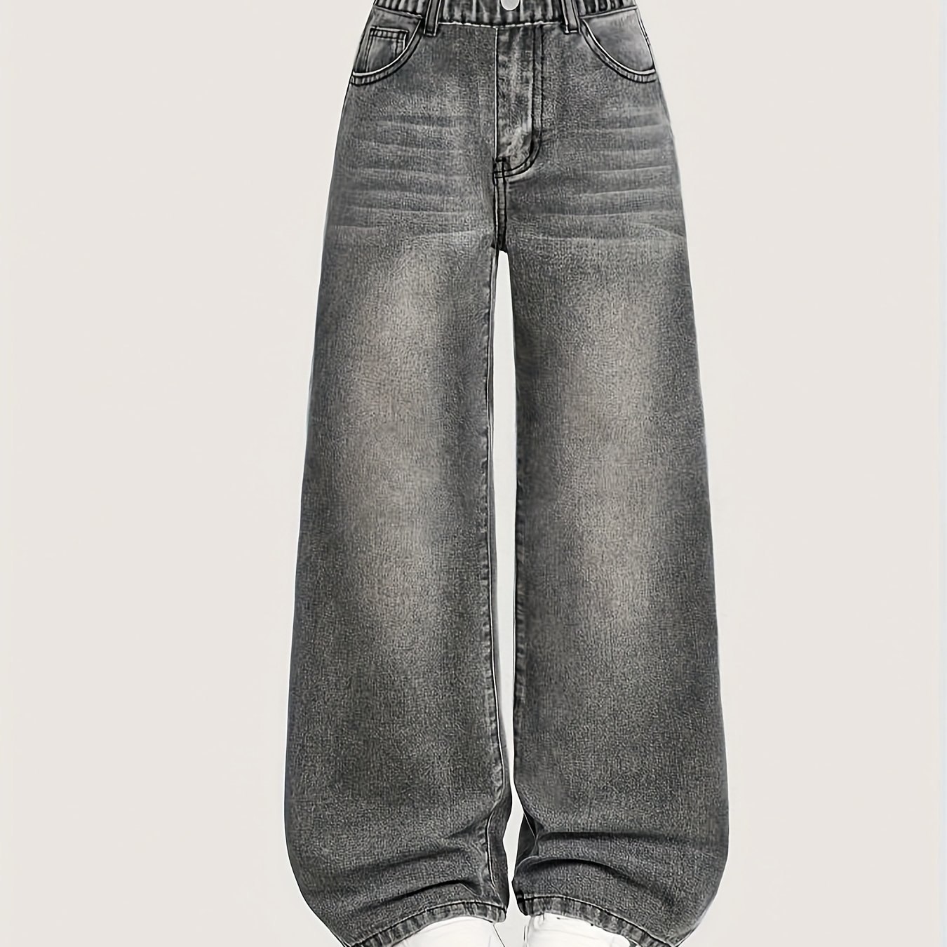 Image of Girls' Classic Washed Dark Gray Jeans, Made Of High-quality Fabric, Suitable For . Loose-fit Wide-leg Pants Feature A Versatile For Casual Occasions. Suitable For Children Aged 5 To 15 Years