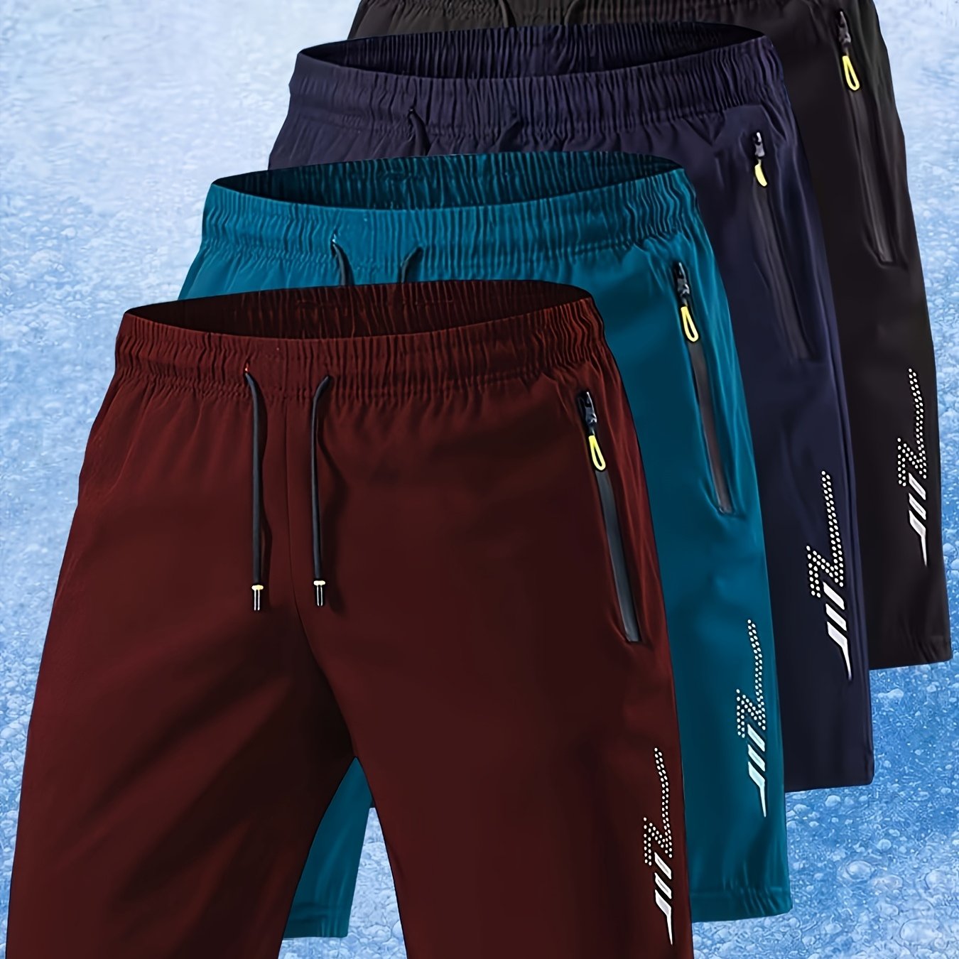 TEMU Ensemble 4 pièces, shorts de sport décontractés à séchage rapide pour hommes, avec imprimés de géométriques sur côtés, poches zippées, tissu