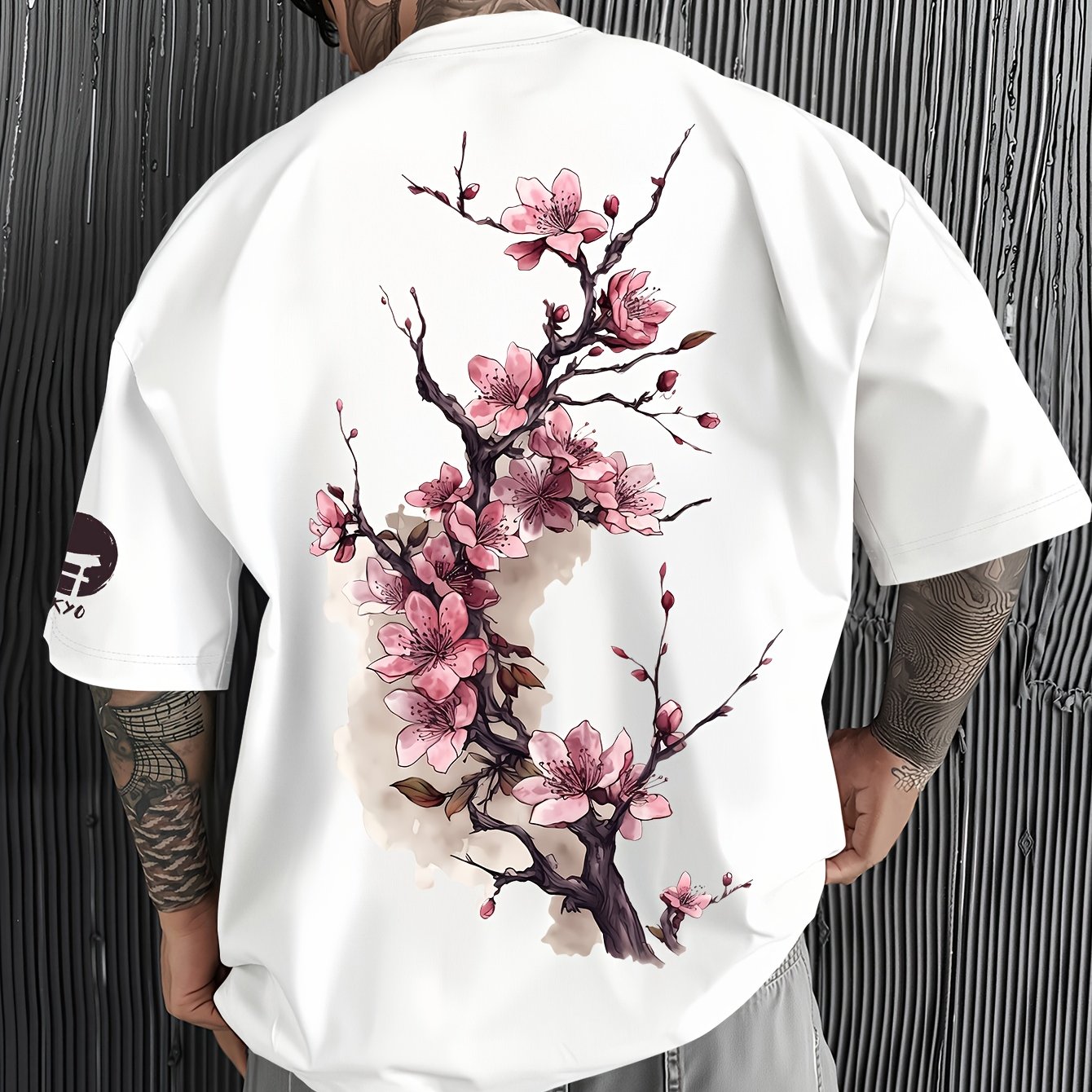 TEMU Ceiling! Plum Print Loose Drop-shoulder Short Sleeve T-shirt, Chinese Aesthetic Trendy Men's Essential Top