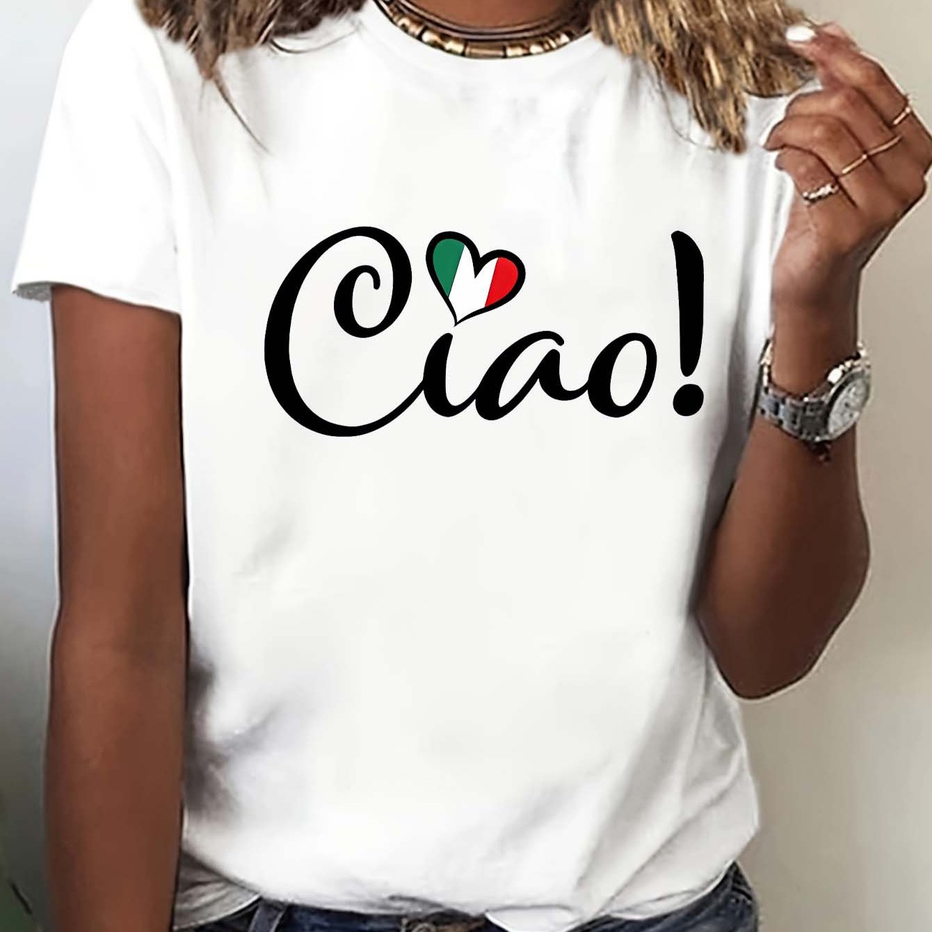 Kuva tulossa: TEMU Druck Damen-T-Shirt - Schicker Street-Style, Rundhalsausschnitt, Kurzarm, Dehnbarer Polyester-Mix, Maschinenwaschbar, Weiß mit Herzförmigem Italienischem Flaggen-Design, Italienisches T-Shirt