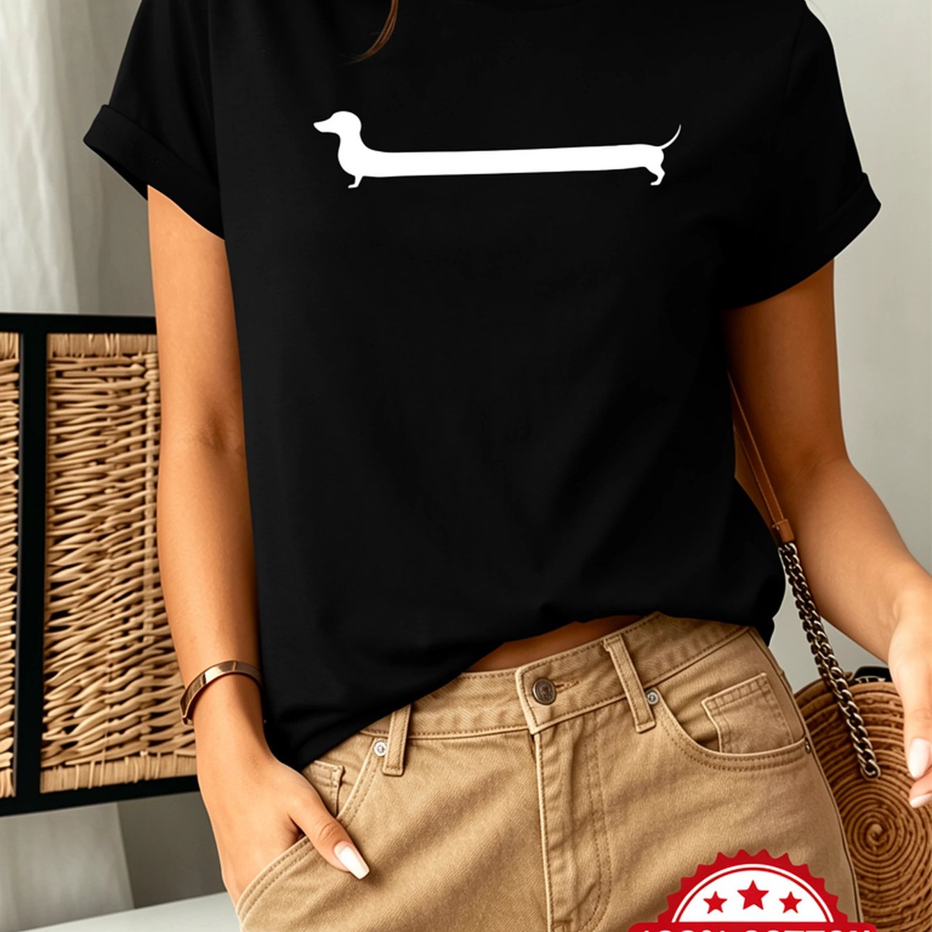Image of Women's Dachshund Print T-shirt - Soft Breathable Short Sleeve Round Neck Loose Suitable For Casual Wear, Travel & Everyday Outfits With Dachshund , Spring Summer Wardrobe Essential