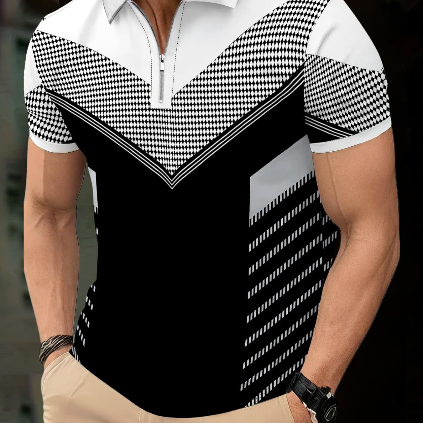 TEMU Men's Fashion Zip Collar Shirt Trendy Black And White V-shaped Print Short Sleeve T-shirt Casual Business Slim Fit Versatile Top, V