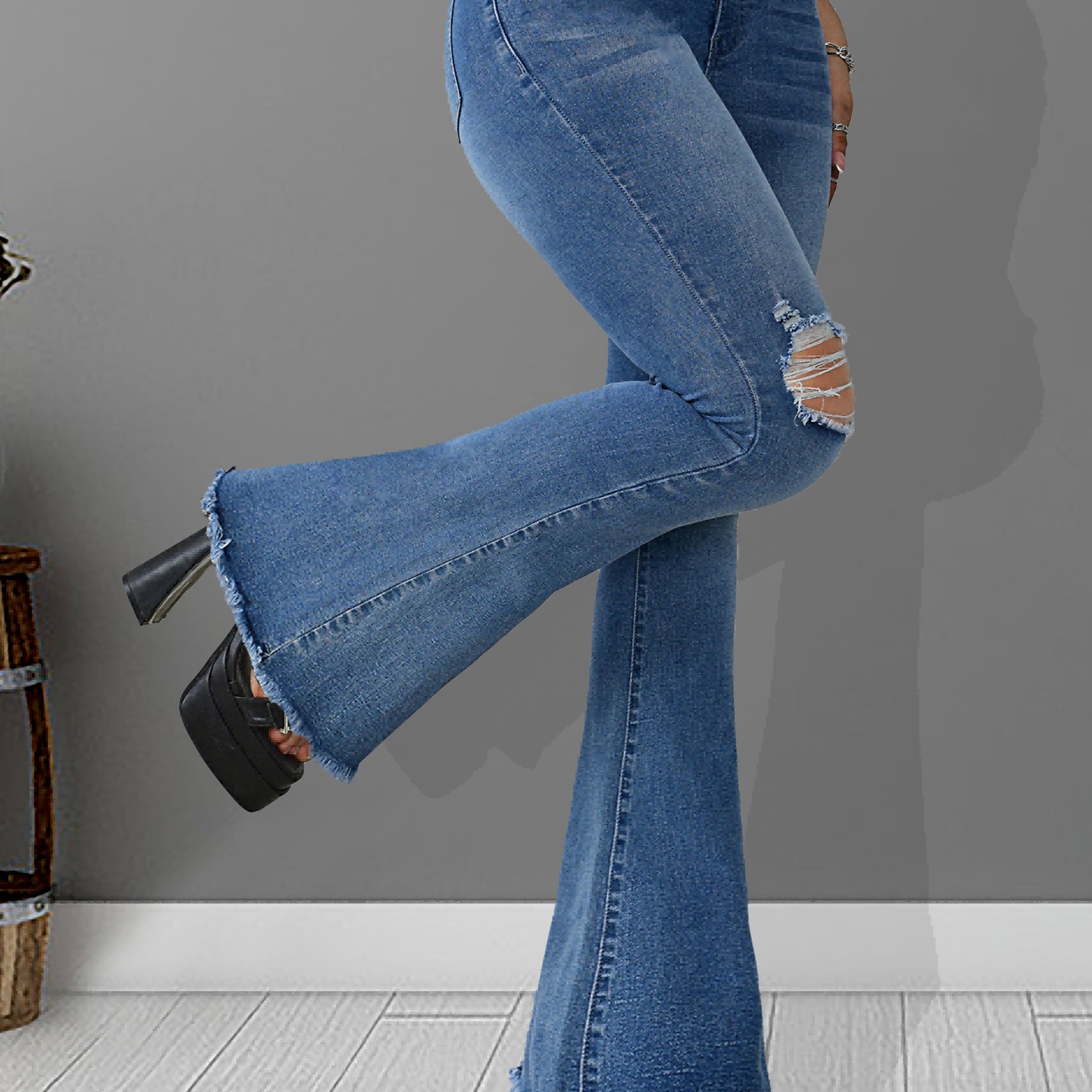 TheyLook Womens Denim Stretch Flare Jeans Frayed High Split Bell Bottom  Pants with Ripped Hole at  Women's Jeans store