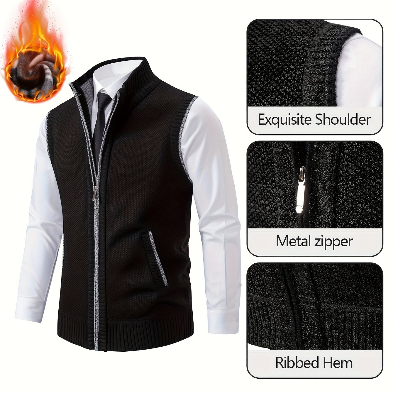 TEMU Zippered Solid Color Warm Men's Vest, Fashion Autumn Winter Adult Vest, Suit Vest, Men's Sports Knit Sweater, Men's Vest, -lined Zippered