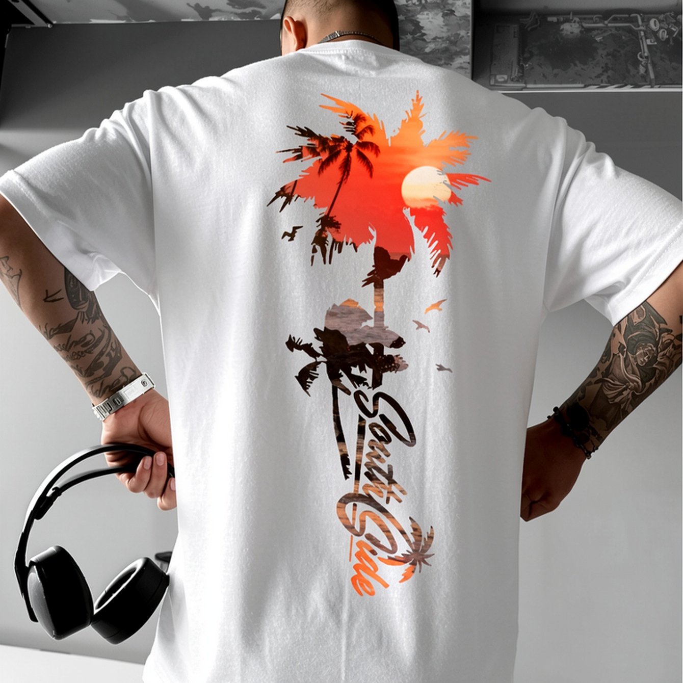 A Relaxed, Oversized T-shirt Featuring A Coastal Sunset Palm Tree And ' Side', Perfect For Vacation