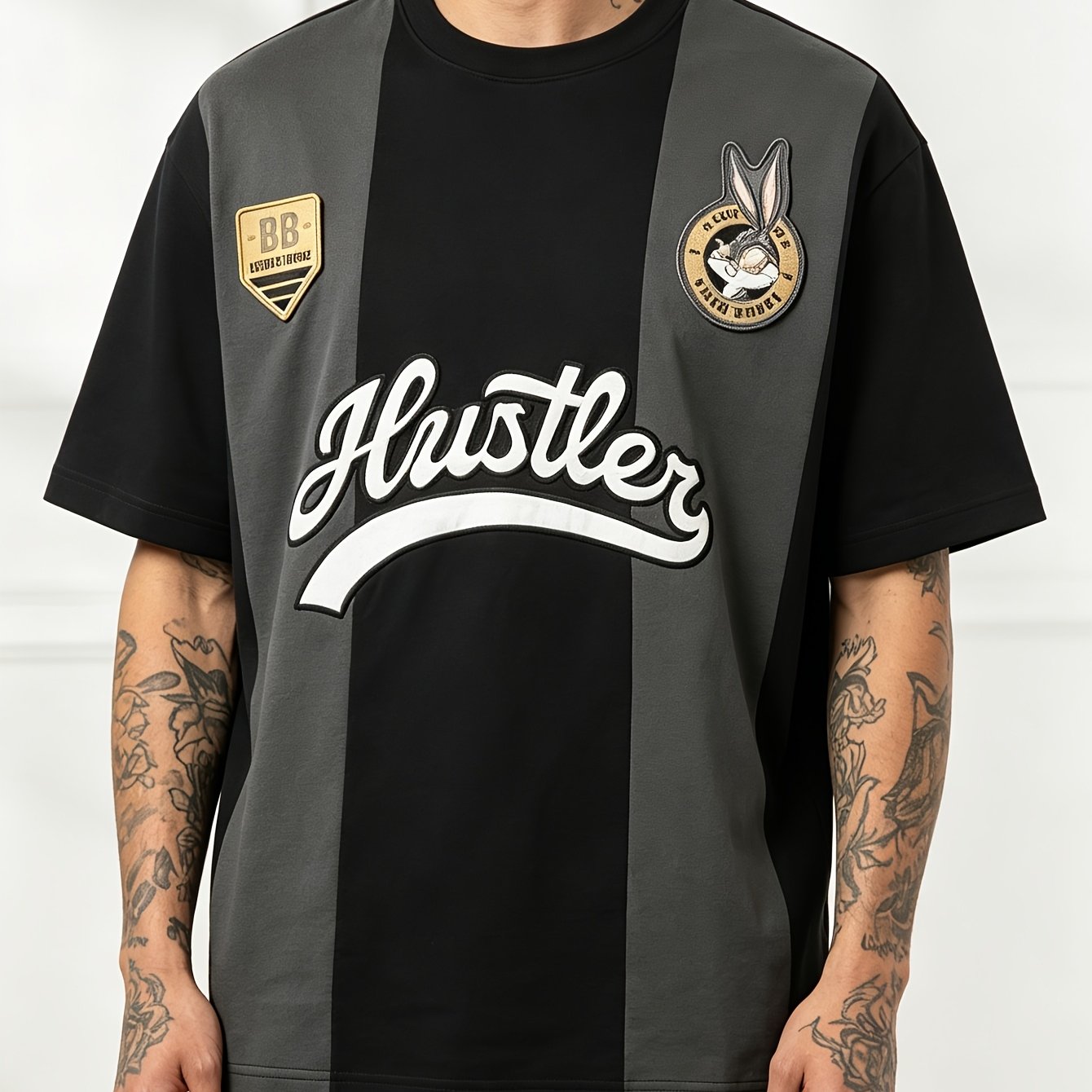 TEMU Black And Gray Print T-shirt - Cartoon Badge Combination Design - Comfortable And Casual Fit - Summer Trendy Short-sleeve Top, Street Style,
