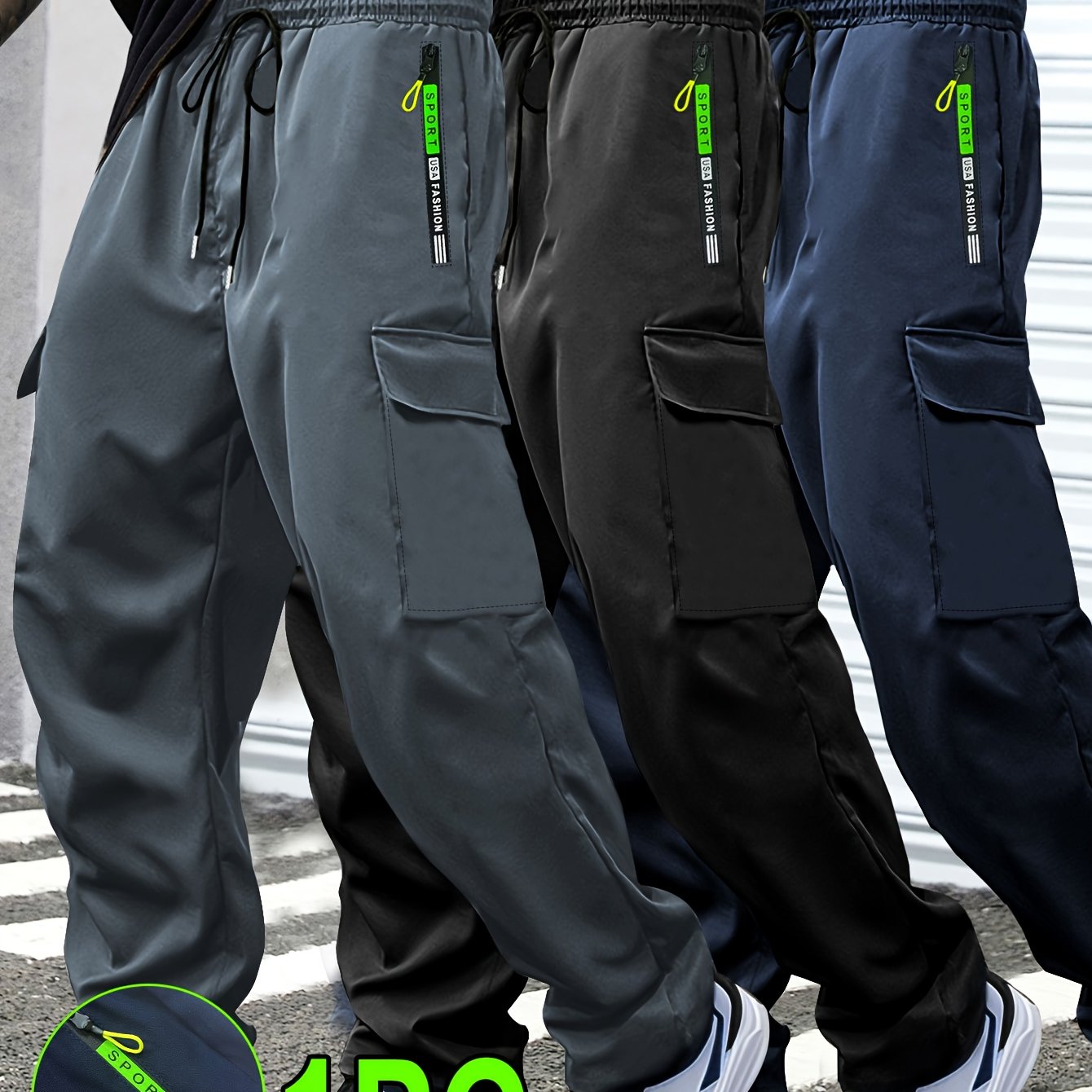 E-shop 1 Herren Cargo Hose Grün mit Reißverschlusstaschen | Nicht-Stretch Stoff, Kordelzug, Straight Leg, Relaxed Fit, zum Laufen, Wandern und für den