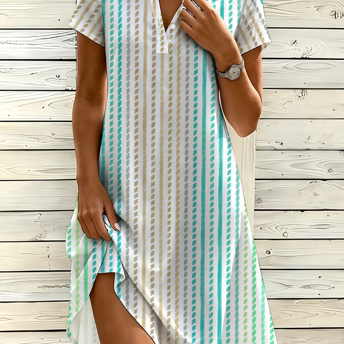 Image of Plus Size - Plus Size - Women's Fashion Shirt Dress, V-neck Button Dress, Colorful Small Stripe Print