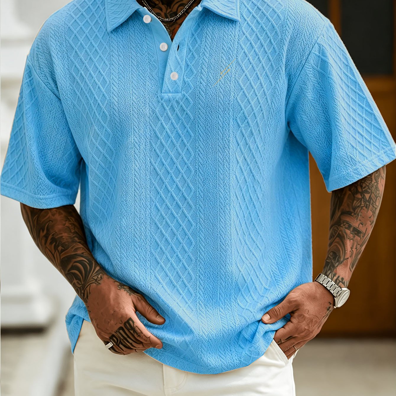 TEMU Creative Print 1pc Men's Fashion Casual Business Henley Shirt | Premium Solid Texture Jacquard Collar T-shirt | Essential For Golf And |