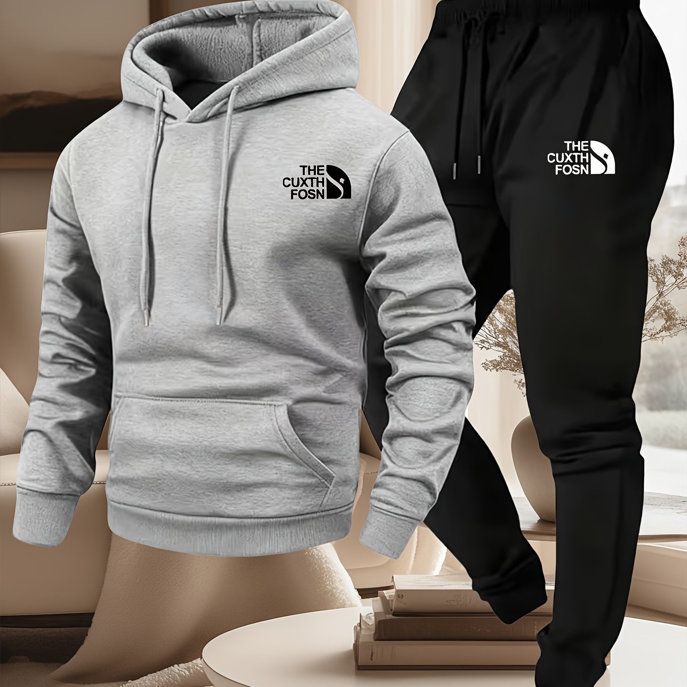 TEMU Ensemble 2 pièces sweat à capuche et pantalon tendance indispensable pour homme, motif imprimé, doublure chaude en peluche, style sport