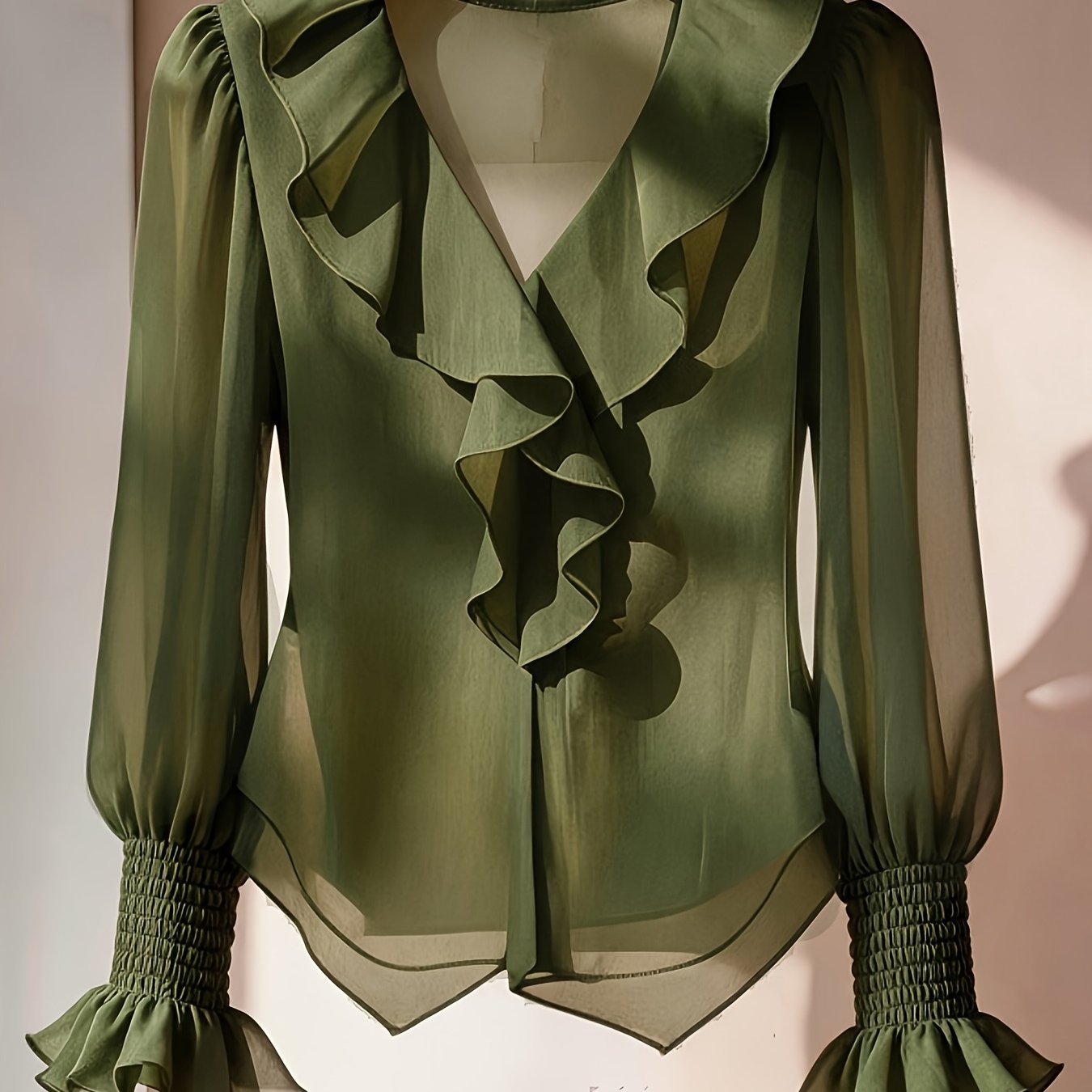 TEMU French Solid Puff Sleeve Long Sleeve Shirt, Sheer Chiffon V-neck Top For Women's Casual Vacation