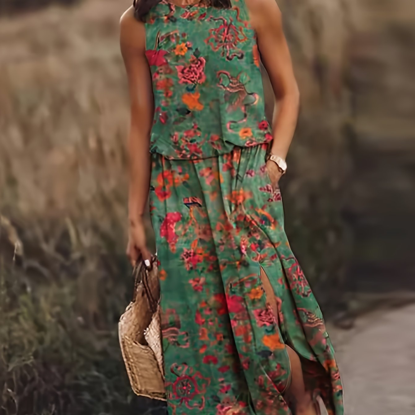 Image of Spring Summer Floral Print Elegant Style Vacation Camping All-match Outing Dress Sleeveless Waist Ruched Design Dress