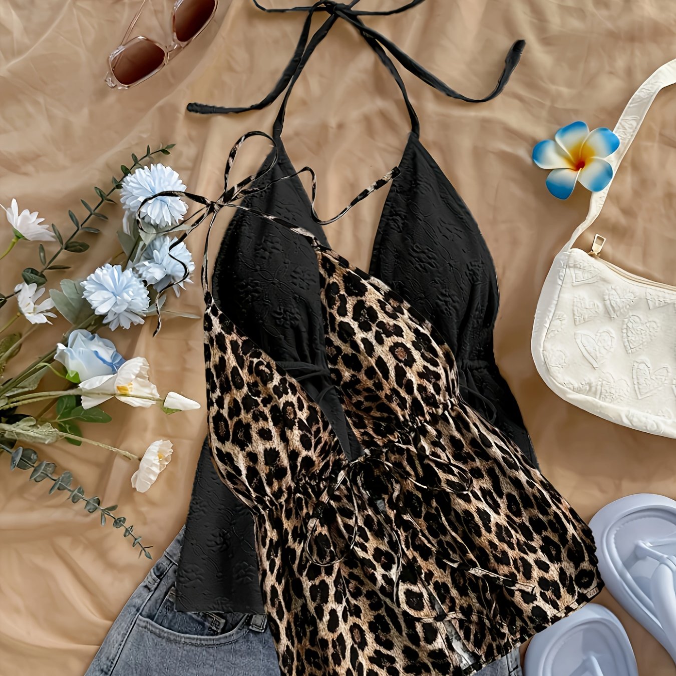 TEMU 2pcs Women's Embossed   Leopard Sexy V-neck Off-shoulder Halter Tie-back Vest. Suitable For Spring, Summer, Autumn. Beach. Birthday Parties.