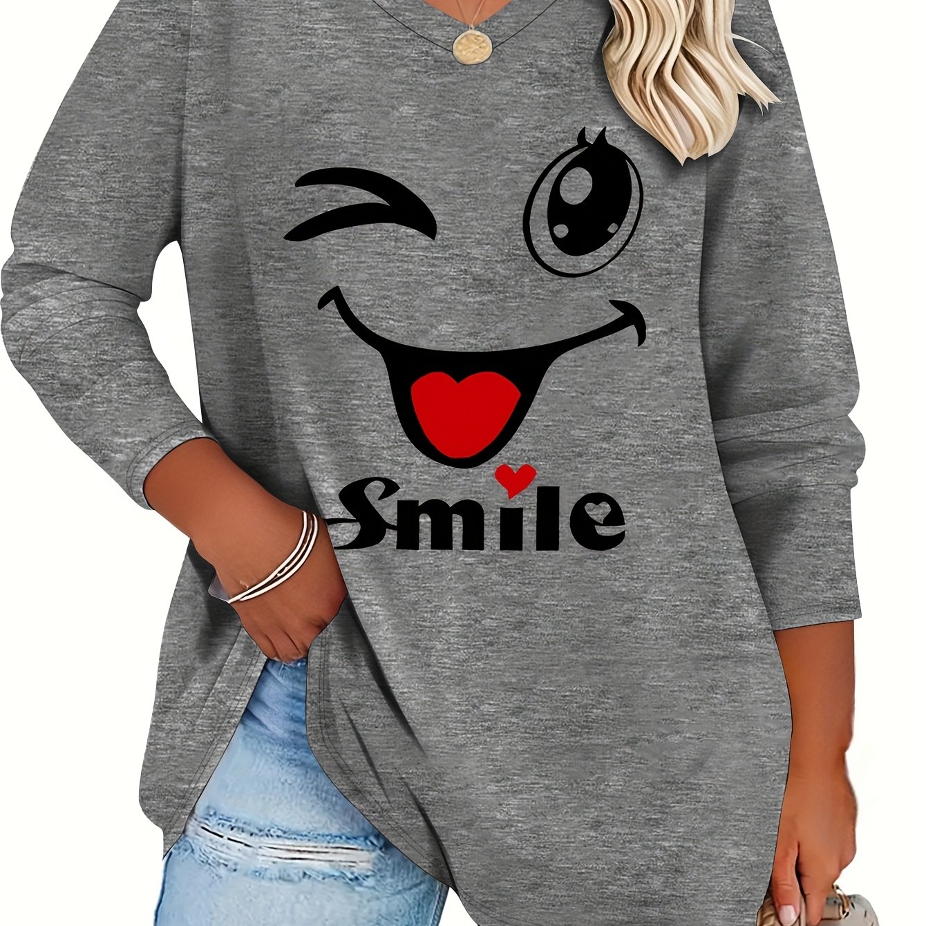E-shop Damen-Freizeit-T-Shirt in Übergröße für Frühling/Sommer, mit V-Ausschnitt, langen Ärmeln „Verspieltes niedliches lächelndes