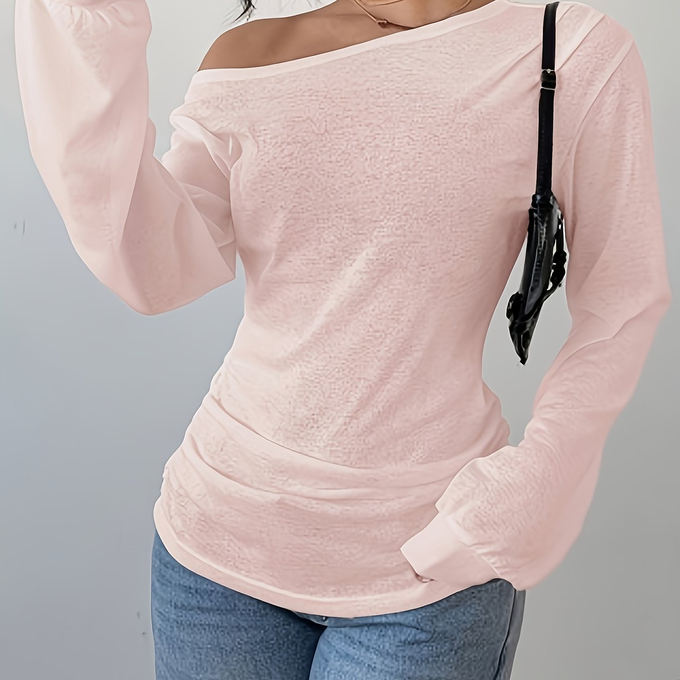 E-shop Frühling/Sommer Damen Langarm T-Shirt mit Schrägkragen, Casual Loose Lazy Style Sheer Top, Off-Shoulder Top für Strandurlaub