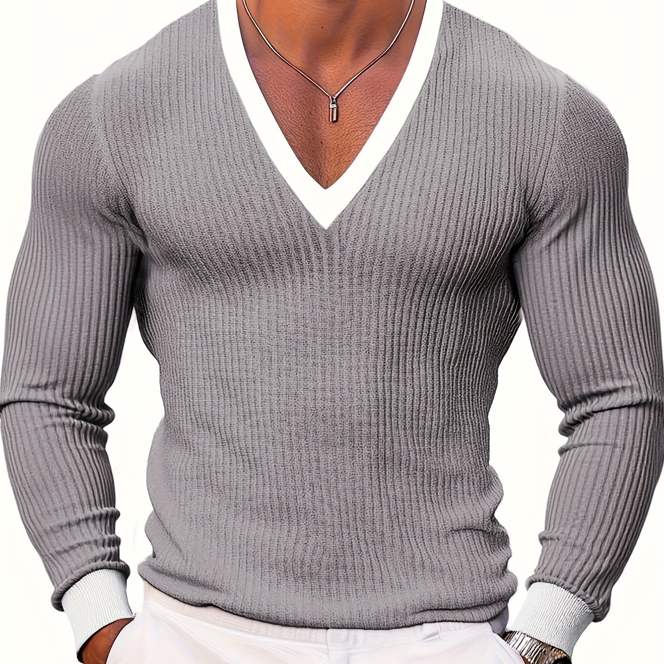 Image of Men's Fashion , Fall Winter Casual Ribbed Texture Contrast V-neck Long Sleeve Men's Henley Shirt