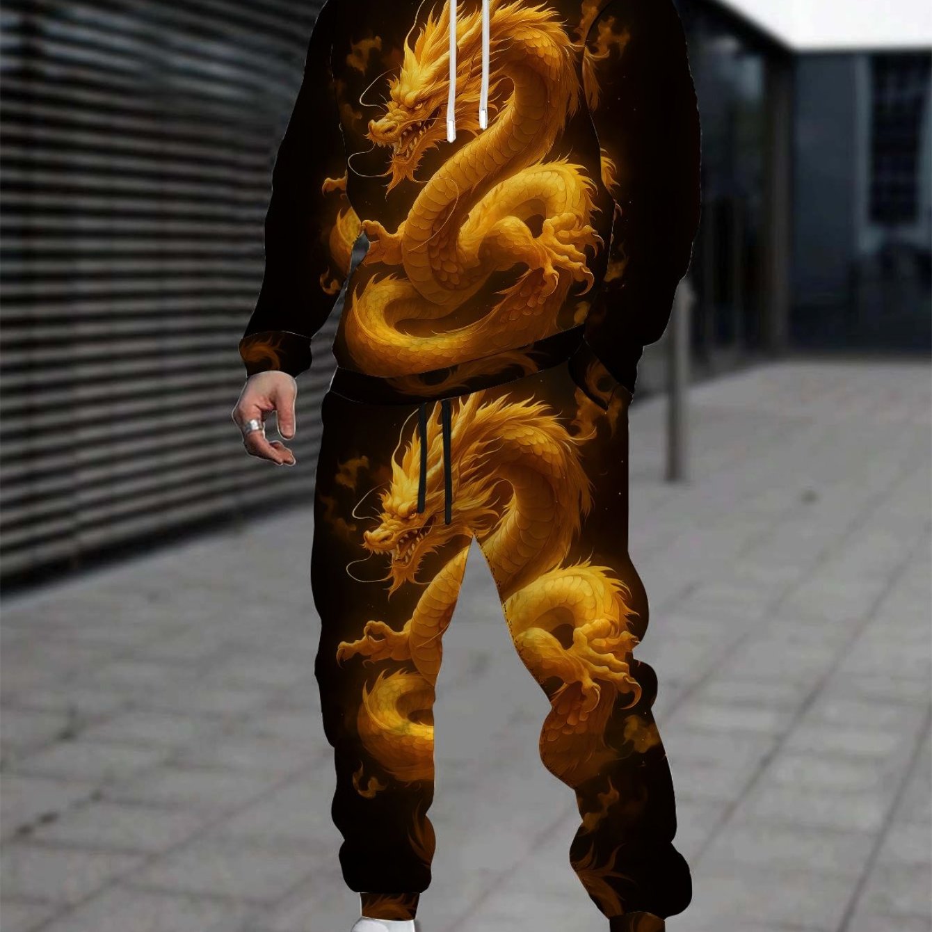 Image of Men's Hoodie And Sweatpants 2pcs Set Black Print Autumn And Winter Casual Wear Comfortable Warm Clothes For Daily And Streetwear Style
