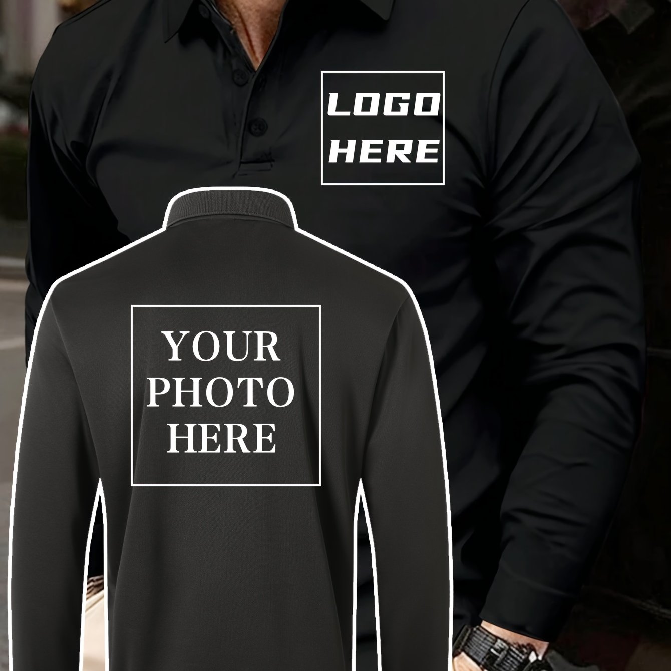 TEMU Custom Men's Long Sleeve Shirt, Golf Shirt, Personalised Printed Photo (family/pets/ //scenery), Unique Gift, Quick Drying & Lightweight,