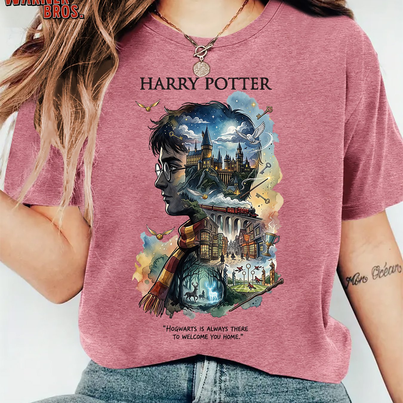 TEMU Women's Summer T-shirt, Harry Side Profile Castle Golden Forest Watercolor Illustration Print Retro Style Round Neck Short Sleeve T-shirt, 90s