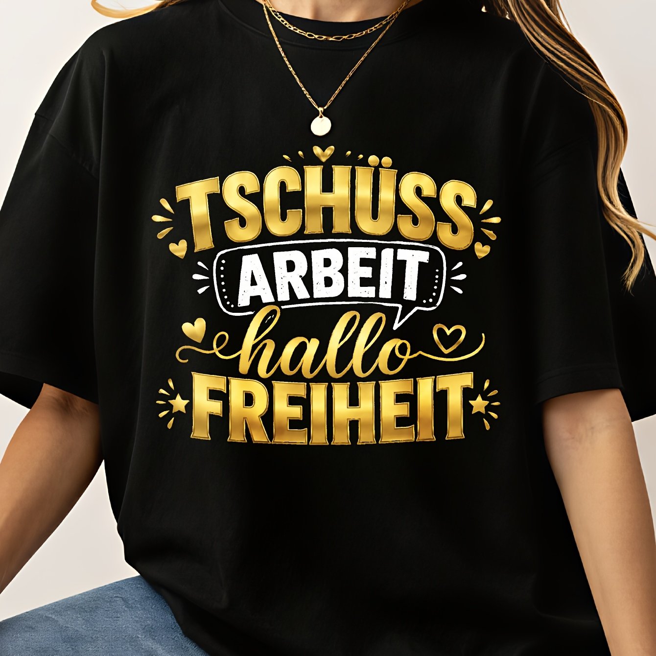 Image of Women' Retirement T-shirt German "goodbye Work " Slogan With Golden Lettering & Hearts - Casual Retirement Gift Suitable For Work Retirement Parties, Machine Washable German Apparel