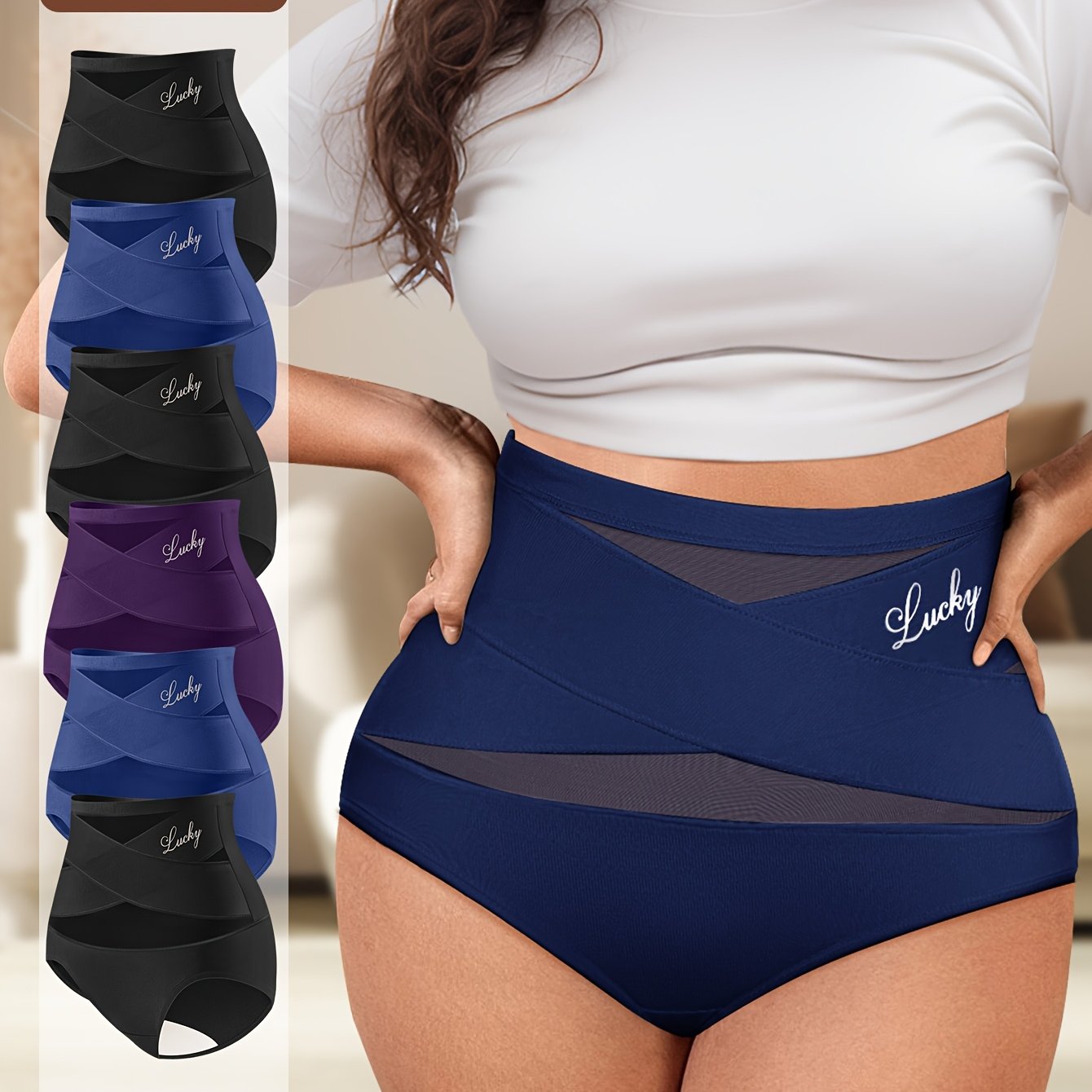 Image of 6-pack High-waist Tummy 's Panties, Breathable Mesh, Crisscross Tummy Control, Fabric, Seamless Triangle Underwear, Body