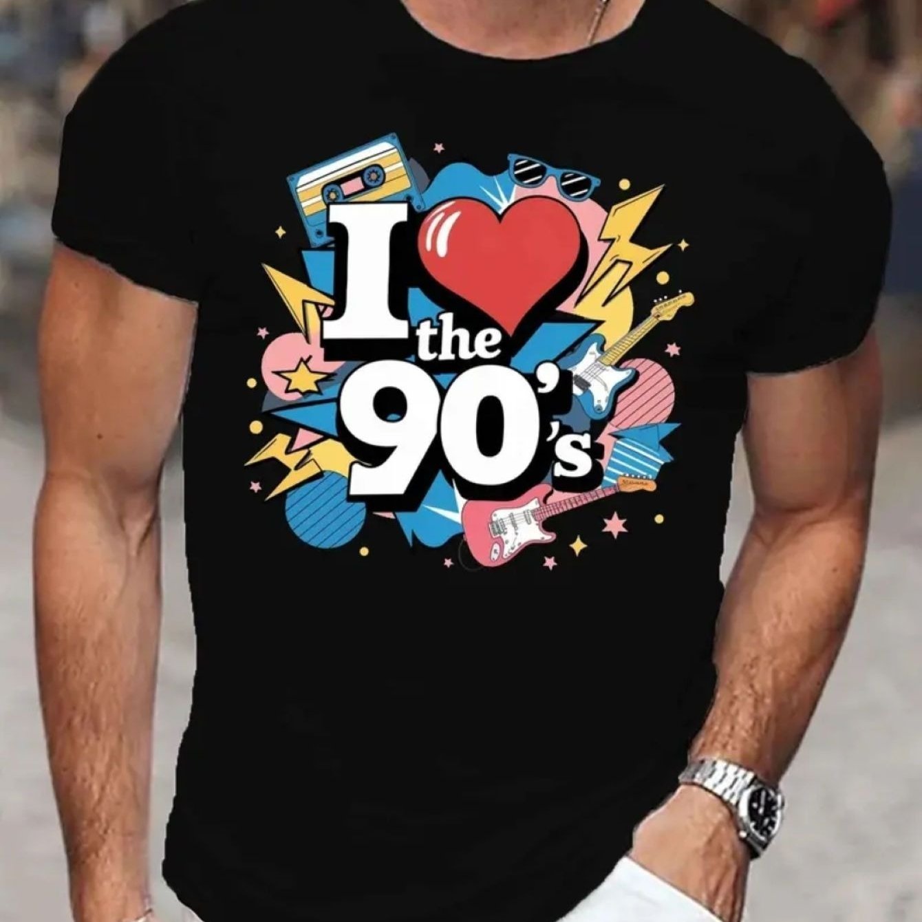 TEMU Camiseta Gráfica Vintage de para Hombre | Cinta de Cassette Retro, Patines y Diseño Neón de con Estampado "I " - Camiseta Transpirable de Manga